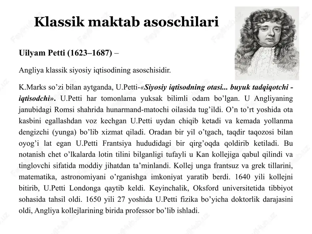 zmati faqat kapitalni ishlab chiqarishdagi mavqeiga ko’ra asosiy va aylanma kapitallarga bo’lishdangina iborat emas. sinflar nazariyasi. iqtisodiy ta’limotlar tarixida birinchi marta fiziokratlar jamiyatni faqat iqtisodiy nuqtai nazardan sinflarga bo'lishni amalga oshirdilar. sinfning asosiy xususiyatlari ijtimoiy boylik (sof mahsulot) yaratishda ishtirok etish va yaratilgan boylikni taqsimlashda ishtirok etish edi. fiziokratlar jamiyatni uch asosiy sinfga ajratdilar: unumli sinf bu – qishloq xo’jaligida ish bilan band bo’lgan barcha kishilar, dehqon va fermerlar kiradi. ular sof mahsulot yaratadilar. unumsiz sinf bular hunarmandlar, ishchilar, savdogarlar, xizmatkorlar, to’ralar, ya’ni dehqonchilikdan boshqa sohada ish bilan band bo’lgan kishilar. ular faqat o’zlarini ta’minlaydilar, o’z iste’moliga qancha mahsulot kerak bo’lsa, shunchalik mahsulot yaratadilar mulkdorlar sinfi er egalari, unga qirol va ruhoniylar ham kiradi. mulkdorlar sinfi sof foydani olishga haqli, negaki ular o’z paytida erlarni o’zlashtirgan, erning unumdorligini oshirgan. takror ishlab chiqarish nazariyasi. iqtisodiy ta’limotlarning rivojlanishida f.kenening mashhur «iqtisodiy jadval» asarining o’rni beqiyos. bu asarda ijtimoiy takror ishlab chiqarish jarayoni …