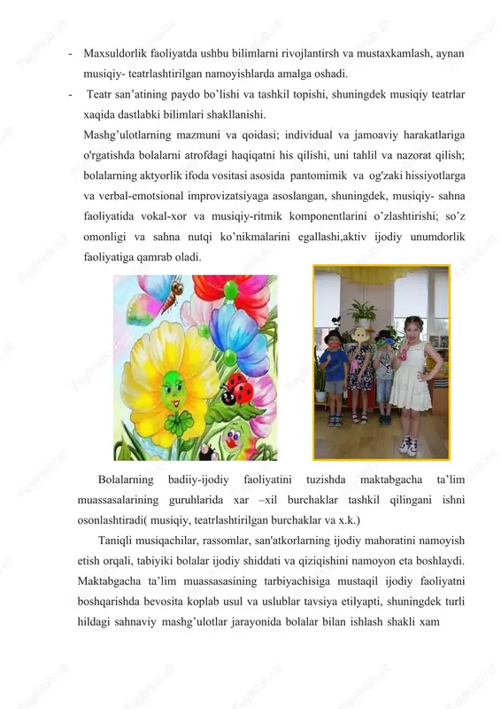 alakalariga ega bo’lishi; · nutq faoliyatining shakli va funktsiyasi, barcha komponentlarning rivojlanishi; · bilish jarayonlarini takomillashtirishi. barcha bolalarning biror sahna asarini, ko’ngil ochar bayramlarga tayyorlanishi uchun turli uslublar tavsiya etiladi: bolalarni xoxshiga ko'ra rollarni tanlash, eng qo'rqoq va uyatchang bolalarni asosiy rollarga tayinlash, rollarga kartochkalar bo'yicha taqsimlash (bolalar sxematik tarzda personaj rasmi tushirilgan kartani tarbiyachining qo'lidan oladilar), rollarni juftlik bilan ijro etish. mashg’ulotlar mobaynida tarbiyachi bolalarning fikrini va javoblarini eshta olishi kerak, agarda bola javob bera olmasa undan izohni so’rashni keragi yoq, undan ko’ra to’g’ri personaj xarakatiga o’tish lozim; asar qaxramoni bilan to’qnshganda bola kirishib olishiga va u bilan suhbatlashishi uchun vaqt berish darkor, yakuniy ishda esa xar xil yollar bilan bolaning quvonchini oshirish kerak. ijodiy qobiliyatni rivojlantirishning effekti quyidagi usullar bilan amalga oshiriladi: · muammoni qo’yish yoki muammoli vaziyatni yaratish; · kreativ maydonni yaratish; · bir o’yindan ikkinchi o’yinga o’tishi, bunda oddiydan kora ijodiy murakkabroqga o’tish; · mashqlar, etudlar, …