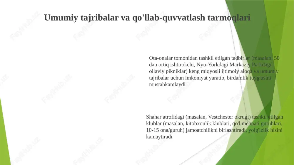 un kitob klublari, hunarmandchilik mashgʻulotlari (toʻqish, kulolchilik) yoki ota-ona seminarlari (ijobiy tarbiya, chaqaloq rivojlanishi)ni oʻtkazishi mumkin. tarmoq imkoniyatlari onalar uchun networking imkoniyatlari professional rivojlanish uchun juda muhim. 2022 yildagi so'rovnomalar london va nyu-york kabi shaharlarda onalarning 70% networking tadbirlaridan keyin ishdan qoniqishining oshganini ko'rsatdi klublar doimiy qo'llab-quvvatlaydi; 2023-yilgi tadqiqotda onalarning 85 foizi muntazam klub uchrashuvlari (ikki haftada bir yoki oyda bir) tufayli stress darajasining pasayganini bildirgan. joylashuvlar xususiy uylardan ijaraga olingan joylargacha, 5-10 mil radiusda jamoatchilik tuyg'usini shakllantiradi va kuchli qo'llab-quvvatlash tarmoqlarini quradi. kechki tadbirlar va to'garaklar onalarning kun davomida cheklangan vaqtini hisobga oladi. tadqiqotlar shuni ko'rsatadiki, soat 18:00 dan keyin o'tkazilgan tadbirlarda ishtirok 30% ga oshgan e'tiboringiz uchun rahmat