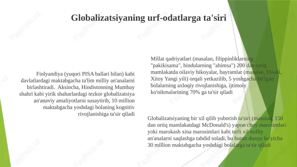 arini rivojlantiradilar, bu milliy darajadagi jamiyat va qarshilikka urg'u bilan mos keladi. avstraliyaning tubjoy bolalar bog'chalari didjeridu musiqasi va nuqta rasmlari bilan hikoya aytib berishdan foydalanib, madaniy o'zlikni va yerga bog'lanishni mustahkamlaydi, aborigen urf-odatlari va bilimlar tizimiga milliy hurmatni targ'ib qiladi. oziq-ovqat va madaniy an'analar doira vaqtida (25 daqiqa, 15 bola) 3 ta mintaqadan 5 ta an'anaviy ertak (masalan, keksalarga hurmat, jamoaviylik, halollik) orqali milliy qadriyatlarni aks ettiruvchi hikoya qilish axloqiy taraqqiyotni va xulq-atvorga ta'sirini kuchaytiradi. milliy bayram va tadbirlarni nishonlash maktabgacha yoshdagi bolalarga milliy bayramlar (masalan, hindistondagi diwali, xitoydagi yangi yil, isroildagi hanuka)ni nishonlash turli madaniyatlar va qadriyatlar haqida bilim beradi, bag'rikenglikni, xilmaxillikka hurmatni va global fuqarolikni rivojlantiradi – bu jahonning xilma-xil jamoalari uchun kelajak avlodlar uchun muhim omillardir. bolalarga (3-5 yosh) turli mintaqalardagi xalq qo'shiqlari, raqslari va an'anaviy hikoyalar orqali o'z merosining boyligi va xilma-xilligini namoyish etish, ularning millatga mansublik tuyg'usini va madaniy g'ururini mustahkamlash. milliy qadriyatlar va …