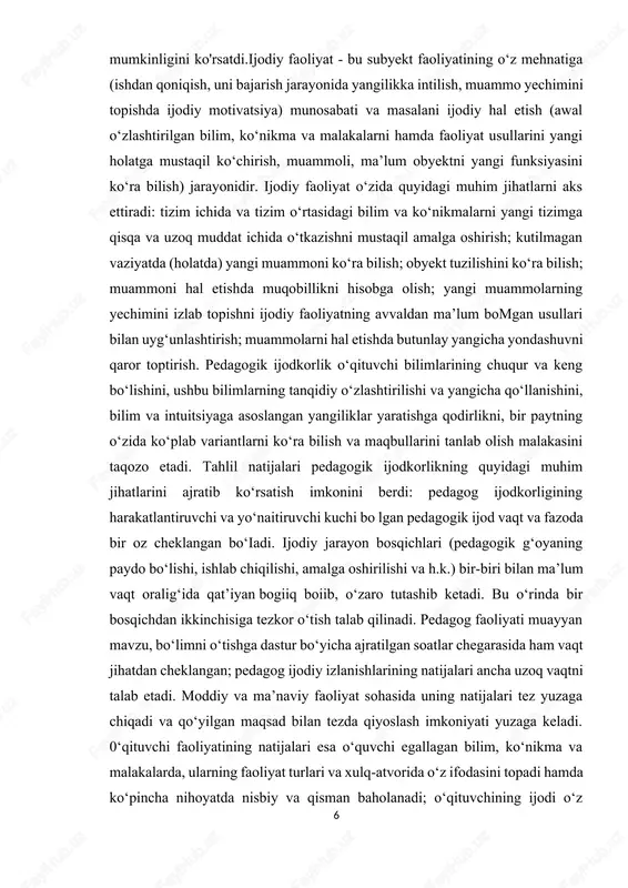 tirish; muammolarni hal etishda butunlay yangicha yondashuvni qaror toptirish. pedagogik ijodkorlik o‘qituvchi bilimlarining chuqur va keng bo‘lishini, ushbu bilimlarning tanqidiy o‘zlashtirilishi va yangicha qo‘llanishini, bilim va intuitsiyaga asoslangan yangiliklar yaratishga qodirlikni, bir paytning o‘zida ko‘plab variantlarni ko‘ra bilish va maqbullarini tanlab olish malakasini taqozo etadi. tahlil natijalari pedagogik ijodkorlikning quyidagi muhim jihatlarini ajratib ko‘rsatish imkonini berdi: pedagog ijodkorligining harakatlantiruvchi va yo‘naitiruvchi kuchi bo lgan pedagogik ijod vaqt va fazoda bir oz cheklangan bo‘iadi. ijodiy jarayon bosqichlari (pedagogik g‘oyaning paydo bo‘lishi, ishlab chiqilishi, amalga oshirilishi va h.k.) bir-biri bilan ma’lum vaqt oralig‘ida qat’iyan bogiiq boiib, o‘zaro tutashib ketadi. bu o‘rinda bir bosqichdan ikkinchisiga tezkor o‘tish talab qilinadi. pedagog faoliyati muayyan mavzu, bo‘limni o‘tishga dastur bo‘yicha ajratilgan soatlar chegarasida ham vaqt jihatdan cheklangan; pedagog ijodiy izlanishlarining natijalari ancha uzoq vaqtni talab etadi. moddiy va ma’naviy faoliyat sohasida uning natijalari tez yuzaga chiqadi va qo‘yilgan maqsad bilan tezda qiyoslash imkoniyati yuzaga keladi. 0‘qituvchi …