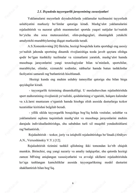jalashtirish usuliyatini ishlab chiqish. - yuklamalarning qo‘yidagi tavsiflari, ixtisoslanligi, yunalishi va koordinatsion murakkabligini hisobga olgan holda mashg‘ulot yuklamalari o‘lchamlarini nazorat qilish usuliyatini ishlab chiqish. tezkor rejalashtirish kundalik rejalashtirish asosida amalga oshiriladi. bunday rejalashtirish turli vazifalari, vositalar, uslublar yuklama hajmi va shiddatini aniklashtirishni ko‘zda tutadi. mashg‘ulotlar tuzilmasi, birinchi navbatda, maksimal mashg‘ulot samarasiga erishishga qaratilganligi bilan belgilanadi. mashg‘ulotning tezkor rejasiga muvofiq mashg‘ulotlari konspekti tuziladi, unda tayyorlov badan qizdirish asosiy va yakuniy qismlar, takrorlanishlar soni, tanaffuslar davomiyligi hamda dam olish hususiyatlari bayon qilinadi. mashg‘ulot jarayonida uchta davr- tayyorgarlik, musobaqa, o‘tish davrlari ajratiladi. tayyorgarlik davrida mashg‘ulotlar faol dam olishdan shiddatli maxsus ishga, jismoniy sifatlarni keyinchalik ham rivojlantirishga, dzyudo texnikasi va taktikasini egallash, hamda takomillashtirishga asta-sekin o‘tishni ta’minlashga qaratilgan. bu davrda sportchilarning oldinda turgan musobaqa davrida muvaffaqiyatli faoliyat ko‘rsatishi uchun mustaxkam poydevor yaratish lozim. tayyorgarlik davrining asosiy vazifalari organizmning funksional imkoniyatlarini oshirish umumiy jismoniy tayyorgarlikni yaxshilash, hamda takomillashtirish, ularni amalga oshirishda kamchiliklarni bartaraf etish, irodaviy …