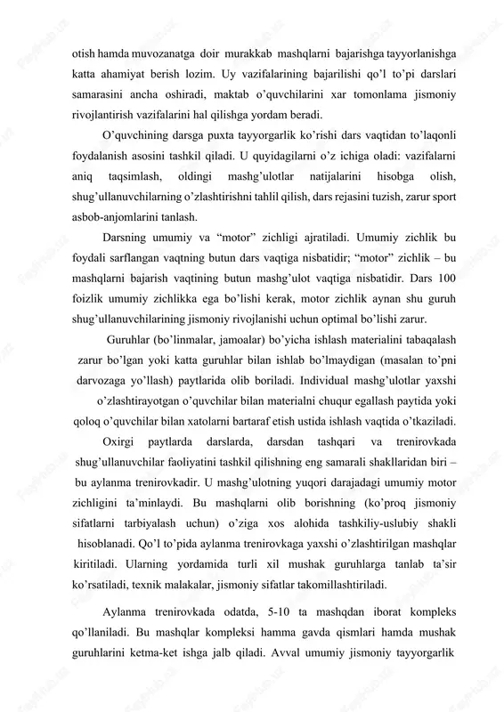 n meyorlash 30 sek ichida so’nggi sur’atgacha bajarilgan takrorlash sonining uchdan bir qismi yoki ko’pi bilan yarmisi hisobidan keltirib chiqariladi. 1-2 oydan so’ng yangi nazorat testini o’tkazish hamda yangi individual ko’rsatkichlarga muvofiq holda aylanma trenirovka hajmini o’zgartirish maqsadga muvofiqdir. qo’l to’pi bo’yicha ixtisoslashayotganlar uchun hisob varaqalarini (sportchi kundaligiga o’xshash) yuritish foydalidir. bu yerda o’quvchilar o’zlarining dastlabki natijalari, mashqlardan oldin va keyingi tomir urish ko’rsatkichlari, trenirovka yuklamalari kattaliklari, o’z yutuqlarining o’sishini yozib boradilar. bunday nazorat ularning say harakatlarini faollashtiradi va boshka sinf, maktab o’quvchilarining mashg’ulotlariga bo’lgan qiziqishlarini oshiradi. bunday trenirovkaning bitta aylanasi 5 – 6 min.ni egallaydi. darsda “aylana” 2 – 3 martacha ( tegishli tarzda mashqlanganlikka ega bo’lganda) takrorlanishi mumkin. mashqlarni bajarish xususiyatlarning (ularning shiddati, davomiyligi, har bir stansiyadagi va aylanadagi urinishlar soni) ikki xil bo’lishi mumkin: uzoq va uzluksiz, stansiyalar orasida almashishlar yugurib, tez sur’atda bajarilsa, aylanalar orasida dam olish esa ko’p bo’lmasa, yoki oraliqli– har bir stansiya va …