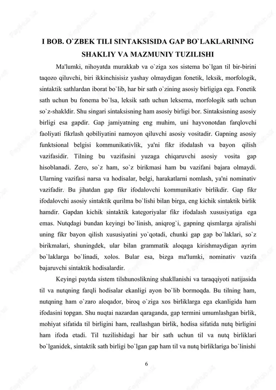 mmatik ma'nosi, dedik. xo`sh, bu qanday grammatik ma'no? u gapning shakllar tizimidagi qismlarga ajratilmaydigan grammatik ma'nosidir. predikativlik shaxs (son), zamon, mayl, tasdiq-inkor ma'nolari va bu ma'nolarni ifodalovchi shakllar tizimi orqali ifodalanadi. binobarin, ana shunday shakllar tizimiga ega bo`lgan har qanday eng kichik sintaktik birlik gap hisoblanadi. predikativlikning shakllanishi xilma-xil: har bir predikativ ma'no komponenti (tasdiq-inkor, shaxs, zamon, modallik) alohida-alohida shakllar orqali ifodalanadi. masalan: yoz-ma-sa -(y) –di-ng-iz qurilmasi beshta predikativ ma'no komponenti, beshta grammatik shakl orqali ifodalangan: -ma(inkor)-sa (modallik)-di (zamon) –ng (shaxs)-iz (son). bir formant yordamida sintezlashgan holda ifodalanishi mumkin. masalan: yoz-ay (tasdiq, aniqlik mayli, kelasi zamon, birinchi shaxs). nol shaklga ega bo`lib, u paradigma ichida boshqa paradigma a'zolarining shakliga qiyosan belgilanadi. masalan: yoz-ay, yoz, yoz-sin. paradigmaning ikkinchi a'zosi yozing, ikkinchi shaxs, buyruq mayli (modallik), kelasi zamon, tasdiq grammatik ma'nolarining nol shakl orqali ifodalanganligi yoz-ay va yoz-sin birikmalariga qiyosan belgilanadi. nol shaklga ega bo`lib, u nutq vaziyati orqali belgilanadi. masalan: bahor. …