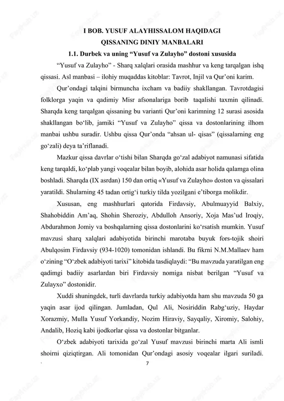 i asosiy voqealar ilgari suriladi. https://uz.wikipedia.org/w/index.php?title=suf&action=edit&redlink=1 8` e.e.bertelsning ko‘rsatishicha, ali xorazmlik bo‘lgan. u fors mualliflariga taqlid qilmasdan asar yozishga kirishdi. uning asari xalq og‘zaki ijodiga xos to‘rtlik shaklida yozilgan. bu shakl turk xalqlari og‘zaki ijodiga juda yaqin. alining qissasi mazmun tomonidan ham fors poeziyasi bilan bog‘lanmagan. u qur’on variantiga amal qiladi. ali qur’onda berilgan afsonaviy qissani turkiy xalqlar o‘rtasida keng tarqatishni o‘z oldiga maqsad qilib qo‘ygan. asarning keng tarqalishi va shuhrat qozonishiga asosiy sabab uning mazmun mohiyatidagi muhabbat talqinidir. asar “yusuf va zulayho”, “qissai yusuf alayhissalom” yoki “qissai yusuf payg ambar”ʻ deya turlicha nomlanishiga va turli davrlarda, turli ijodkorlar tomonidan yozilishiga qaramay, unda ishq mavzusi so‘fiyona talqinning eng jozibador namunasi bo libʻ qolaverdi. shu bilan birga, “yusuf va zulayho” dostonlari o ziga xos sof insoniyʻ muhabbatni tarannum etuvchi dunyoviy adabiyot namunasi hamdir. ushbu sujet asosida asarlar yaratish 20-asrda ham davom etdi. xususan, hamza hakimzoda niyoziy “qiroat” kitobida bu qissani sodda …