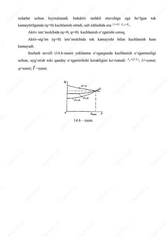 14.7 – rasm. 14.8 – rasm. bunda i nom – mos holda generatorning nominal toki kuchlanishi va quvvati; x ' ' d - o’ta o’tkinchi qarshilik, om. yuqori kuchlanishli elektr mashinalarining aktiv qarshiligi induktiv qarshilikka nisbatan ancha kichik x /r=15÷150 ,[3⋅1,3−7 ] qisqa tutashuv toklarini hisoblashda bir qator hollarda generatorlar birlashtirib umumlashgan ekvivalent manba bilan almashtiriladi. agar qisqa tutashuv joyi generatorning chiqqichlarida yoki ularga yaqin joylashgan bo’lsa, masalan energosistemani elektrostantsiya bilan bog’lovchi transformatordan keyin bo’lsa, u holda bunday elektr mashinalar o’z parametrlari bilan sxemada hisobga olinadi. energosistemaning asosiy generator quvvati to’planadigan butun boshqa qismi yagona manba kuchlanishi o’zgarmas shinali sistema deb qaraladi. qisqa tutashuv joyi shu sistema bilan ayrim elementlar (shinalar, transformatorlar, reaktorlar) orqali bog’lanib, qisqa tutashuvning ta’minlanishi faqat ularning qarshiligi bilan ta’minlanadi. agar energosistemaning qandaydir nuqtasida uch fazali qisqa tutashuvda qisqa tutashuv tokining davriy tashkil etuvchisining boshlang’ich qiymati yoki quvvati ma’lum bo’lsa, ular orqali shu nuqtaga nisbatan sistemaning induktiv …