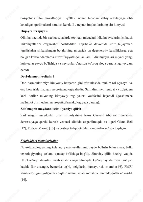 anglashga qadar ishlatilgan. amerika askarlarining 12 foizigacha iroq va afg'onistondan travmadan keyingi stress buzilishi (ptsd) bilan qaytishadi [29]. farmatsevtika va neyrotexnologiyalarni birlashtirgan holda, ba'zi tadqiqotchilar "qo'rquvni" kamaytirish usullarini topdilar va natijalarni ptsdni davolashda qo'llash mumkinligi to'g'risida nazariy fikr yuritdilar [30]. virtual haqiqat bu juda ko'p harbiy e'tiborni jalb qilgan yana bir texnologiya. bu askarlarni yaxshiroq tayyorlash uchun ishlatilishi mumkin. maxfiylik va nihoyat, neyrotexnologiya odamlar ko'pincha sir saqlaydigan narsani ochishi mumkin: ular nima haqida o'ylaganlari. neyrotexnologiya rivojlanishining katta foydalariga qaramay, olimlar va siyosatchilar "kognitiv erkinlik" ning qanday oqibatlari haqida o'ylashlari kerak. ushbu atama neyrotexnologiya sohasidagi yutuqlar haqida qiziqqan ko'plab doiralar uchun muhimdir (qarang: neyroetika). hozirgi yaxshilanishlar, masalan "fikrlarning barmoq izlari" (rus.) o'qish. yoki yolg'onlarni eeg yoki fmri yordamida aniqlash, yoqimsiz birlashmalarning paydo bo'lishiga olib kelishi mumkin, garchi ushbu texnologiyalar to'liq qo'llanilgunga qadar hali ko'p yillar bor [31]. ayrim axloqshunoslar tmsdan foydalanish to'g'risida ham tashvishlanadilar; ular ushbu texnologiya bemorlar uchun keraksiz usullarni …