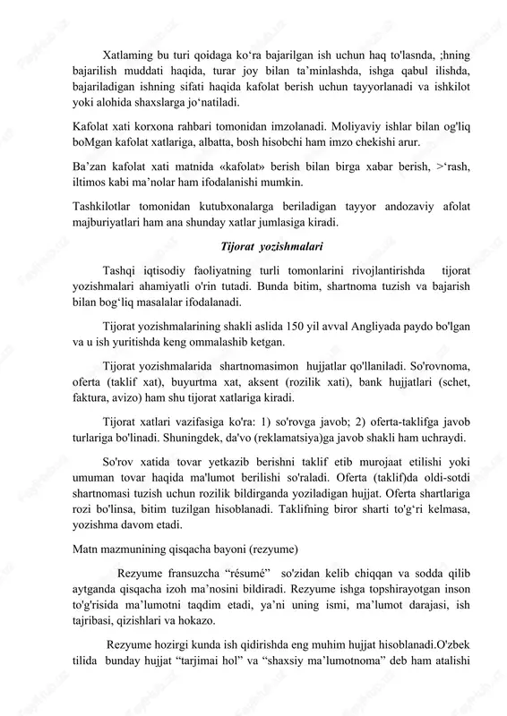 ifning biror sharti to'g‘ri kelmasa, yozishma davom etadi. matn mazmunining qisqacha bayoni (rezyume) rezyume fransuzcha “résumé” so'zidan kelib chiqqan va sodda qilib aytganda qisqacha izoh ma’nosini bildiradi. rezyume ishga topshirayotgan inson to'g'risida ma’lumotni taqdim etadi, ya’ni uning ismi, ma’lumot darajasi, ish tajribasi, qizishlari va hokazo. rezyume hozirgi kunda ish qidirishda eng muhim hujjat hisoblanadi.o'zbek tilida bunday hujjat “tarjimai hol” va “shaxsiy ma’lumotnoma” deb ham atalishi mumkin, lekin rezyumening shakli bu hujjatlardan biroz farqlidir. rezyume asosan ish izlovchilar tomonidan ishga topshirayotganda yuboriladigan hujjat hisoblanadi, lekin u boshqa maqsadlarda ham ishlatilishi mumkin. masalan, tashkilot direktori yoki loyiha menejerining rezyumesi grant taklifi bilan birgalikda donor tashkilotga topshiriladi. rezyumening asosiy qismlari quyidagilardan iborat: 1. shaxsiy ma’lumot a. ism-sharif (talab qilinadi) b. murojaat manzillari: telefon, email, yashash joyi (talab qilinadi) c. jins (majburiy emas) d. millat (majburiy emas) e. tug'ilgan sana (majburiy emas) 2. qisqacha mazmun va/yoki professional maqsad (ixtiyoriy) a. bir yoki ikki gap …