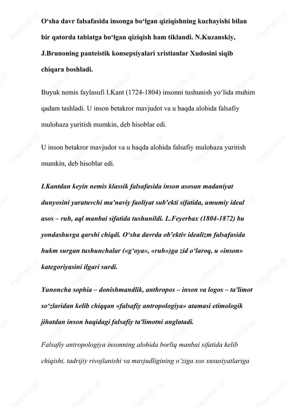 va vazifalari haqida so'z yuritilganda o'zgarishlar, ya'ni kasalliklar birinchi navbatda ovqatlanish tartibining buzilishi oqibatida kelib chiqadi, deb tushuntiriladi. forobiy tabiiy va inson qo'li bilan yaratiladigan sun'iy narsalarni ajratgan. shuningdek, u tabiiy narsalar tabiat tomonidan yaratilganligini va bunda inson omilining ta'siri katta ekanligini, tabiiy va sun'iy tanlash hamda tabiatga ko'rsatiladigan boshqa ta'sirlarni atroflicha baholagan. 2.2.abu rayhon beruniy (9731048) koinotdagi hodisalarni taraqqiyot qonunlari, narsa va hodisalarning o'zaro ta'siri bilan tushuntirishga urinadi. olim yerdagi ba'zi hodisalarni quyoshning ta'siri opqali izohlaydi. beruniyning fikricha, yerdagi o'simlik va hayvonot olamining yashashi uchun zarur imkoniyatlar cheklangan. lekin o'simlik va hayvonlar doimo ko'payishga intiladi va shu maqsadda kurashadi. beruniyning tabiatshunos sifatida quyidagicha fikrlari hanuzgacha o'z dolzarbligini yo'qotmagan: «ekin va nasi qoldirish bilan dunyo to'lib boraveradi. garchi dunyo cheklangan bo'lsada, kunlar o'tishi bilan bu ikki o'sish natijasida ko'payish cheklanmaydi. agar o'simliklardan yoki jonivorlardan biror xilining o'sishiga sharoit boimay, o'sishdan to'xtasa ham, boshqalarida bu ahvol bo'lmaydi. ular birdaniga paydo bo'lib, …