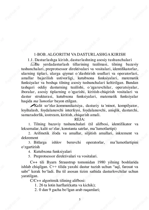 nadigan papkada saqlanadi. hozirda vaqtda c++ kutubxonasi yangilanib undagi fayllarning nomlaridan .h (head – bosh maʻnosida) kengaytmasi olib tashlandi va oldiga c harfi qoʻshildi(c dan qolgan 18 tasiga). bu fayllarda funksiya prototiplari, tiplari, oʻzgaruvchilar, oʻzgarmaslar tariflari yozilgan boʻladi. direktivalar dasturni uni kompilyatsiya qilinishidan oldin tekshirib chiqadi. 2. makroslar - # define makro qiymati. masalan: #define y sin(x+25) —y = sin(x+25) //qiymati berildi; #define pi 3.1415 —pi = 3.1415 #define s(x) x*x —s(x) = x*x //(; belgisi qoʻyilmaydi) global oʻzgaruvchilarni eʻlon qilish. asosiy funksiya ichida eʻlon qilingan oʻzgaruvchilar lokal, funksiyadan tashqarida eʻlon qilinganlari esa global oʻzgaruvchilar deyiladi. global oʻzgaruvchilar dastur davomida ishlaydi va xotiradan maʻlum joyni egallaydi. oʻzgaruvchini 9 bevosita ishlatishdan oldin eʻlon qilsa ham boʻladi, u holda oʻzgaruvchi lokal boʻladi. global oʻzgaruvchilar nomi lokal oʻzgaruvchilar nomi bilan bir xil boʻlishi ham mumkin. bunday holatda lokal oʻzgaruvchining qiymati joriy funksiya ichidagini qiymatini oʻzgartiradi, funksiyadan chiqishi bilan global oʻzgaruvchilar ishlaydi. asosiy funksiya …