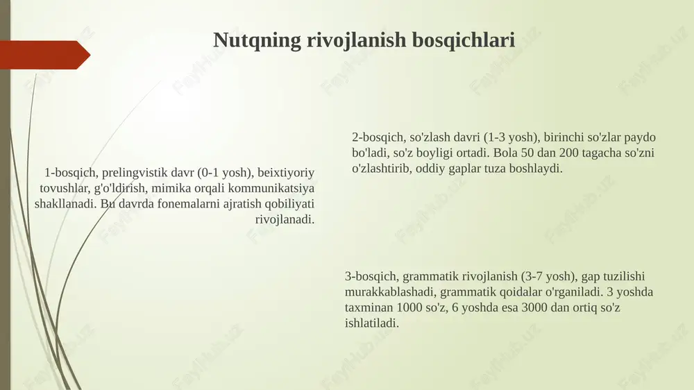 ni rivojlantirish. nutq o'stirishning istiqbollari nutq o'stirishning istiqboli 4.0 sanoat inqilobida sun'iy intellekt va mashinaviy o'rganish asosida shaxsiy o'quv dasturlarini yaratish imkoniyatlarini kengaytiradi. kelajakda nutq o'stirishda virtual reallik va kengaytirilgan reallik texnologiyalari orqali interaktiv o'quv muhitlarini yaratish, nutq amaliyotini 2 barobar oshirish mumkin. 2030 yilga borib, nutq o'stirishda neyro-lingvistik dasturlash (nlp) metodlari yordamida individual nutq qobiliyatlarini aniqlash va moslashtirilgan ta'limni 3 barobar samarali tashkil etish kutilmoqda. e'tiboringiz uchun rahmat slide 1 slide 2 slide 3 slide 4 slide 5 slide 6 slide 7 slide 8 slide 9 slide 10 slide 11 slide 12 slide 13 slide 14 slide 15 slide 16 slide 17 slide 18 slide 19 slide 20