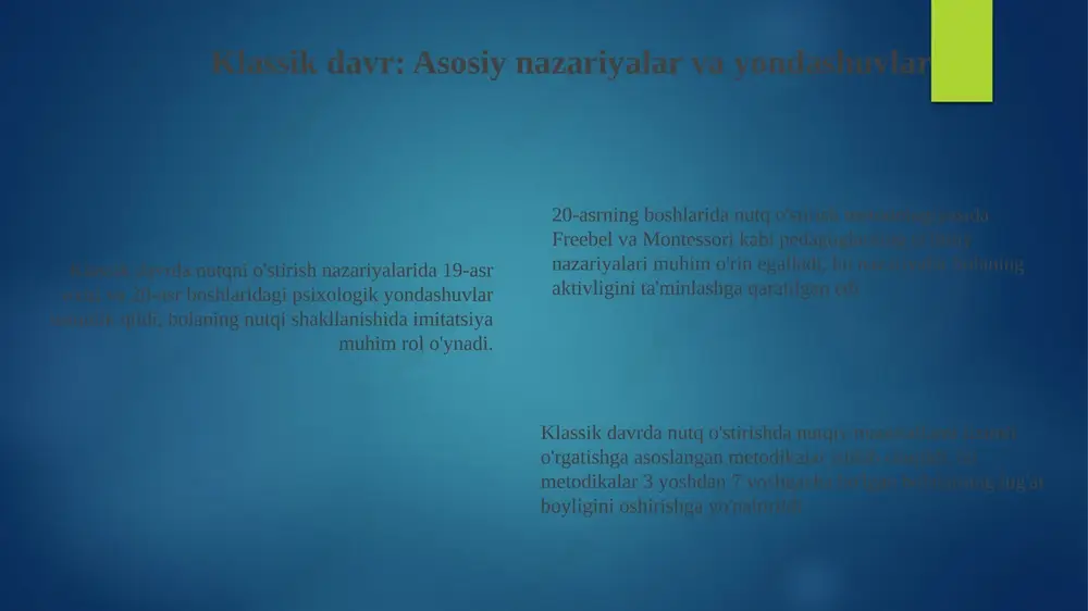 tilishiga olib keldi. adabiyotlar adabiyotlar nutq o'stirish metodologiyasining 19-asr oxirida shakllanishida muhim rol o'ynadi, chunki ular dastlabki pedagogik nazariyalarni va uslubiy qo'llanmalarni taqdim etdi. sovet davri adabiyotlari nutq o'stirishning psixolingvistik asoslariga e'tibor qaratdi, l.s. vygotskiy va a.r. luriya kabi olimlarning tadqiqotlari 1960-1980-yillarda metodikaga ta'sir ko'rsatdi. zamonaviy adabiyotlar raqamli texnologiyalarning nutqni rivojlantirishga ta'sirini o'rganadi, 21-asr texnologiyalari bilan bog'liq yangi usullarni va o'quv materiallarini taklif etadi. e'tiboringiz uchun rahmat image2.png image3.png image4.png image5.png