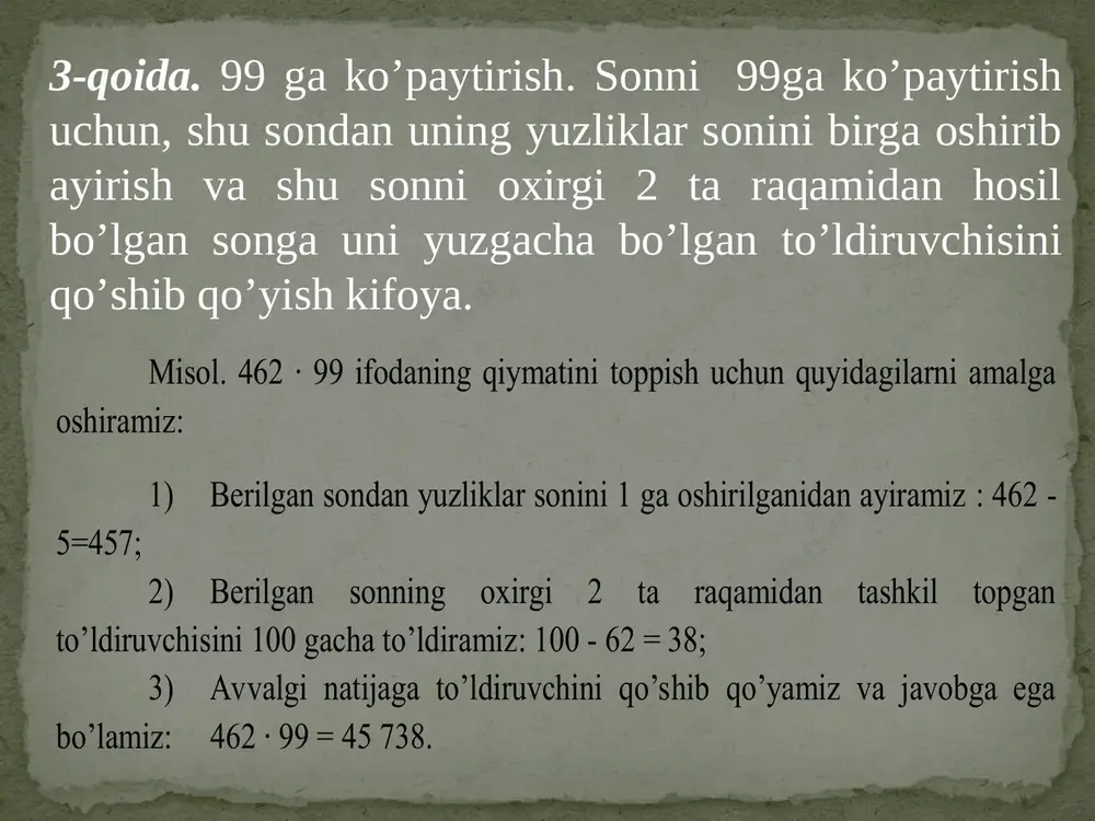 p ≥ 2) ga bo’lish . 2 𝑛 ga bo’lish n - baravar 2 ga bo’lishga keltiriladi. isbot . a — berilgan son bo’lsin . berilgan qoidaga asoslanib ((( a : 2): 2): 2...): 2 , bo’luvchilar sifatida n “ikkilar” bor. sodda a : 2 𝑛 shakliga ega bo’ladi. shuni isbotlash talab qilingan edi. 8 - usul . bo’luvchining ikkita sonning bo’linmasi sifatida ko’rinishi. bo’luvchi ikkita sonning bo’linmasi sifatida ko’rsatilinadi, bo’linuvchi ikkinchi songa ko’paytirilinadi, keyin shu natija birinchi songa bo’liniladi. misol . a ) 465 : 5 = (465 ∙ 2): 10 = 930 : 10 = 93; b ) 21 700 : 50 = (21 700 ∙ 2) : 100 = 43 400: 100 = 434; c) 383 000 : 500= (383 000 ∙ 2) : 1 000 = 766 000 : 1 000 = 766. 15 - qoida . 5 ∙ 𝟏𝟎 𝒏 ga bo’lish ( p ≥ …