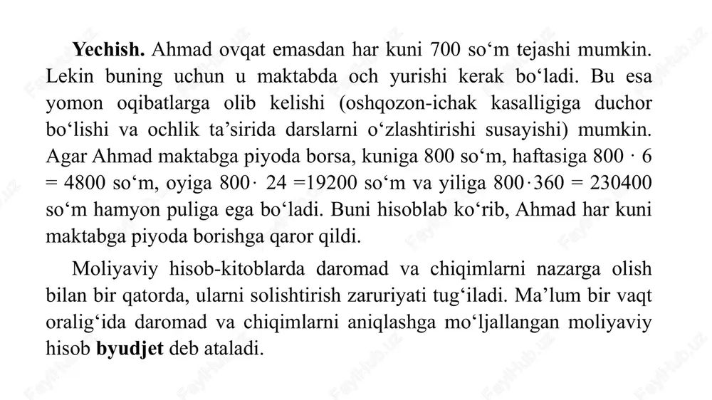 editni qoplash uchun to‘laydi. xo‘jalik jamg‘arma bankka yiliga qancha so‘m pul o‘tkazadi? 10. mebel magaziniga keltirilgan 90 ta shkafdan 4 tasi yaroqsiz chiqdi. yaroqsiz shkaflar necha foizni tashkil qiladi? 11. aziz 6000 so‘m pulni jamg‘arma bankka bir yilga qo‘yib, 45 % daromad olgan. azizning daromadi qancha so‘mni tashkil qiladi? 6. mansur 10 000 so‘m pulni jamg‘arma bankka 35 % oddiy foiz stavkasi bilan yarim yilga qo‘ygan. agar mansur yarim yildan so‘ng jamg‘arma bankdan olgan pulini yillik 40 % stavkasi bilan yana yarim yilga qo‘ysa, u bir yildan so‘ng qancha pulga ega bo‘ladi? 7. bahrom o‘z pulini yillik 40 % stavkasi bilan jamg‘arma bankka qo‘yib, bir yildan so‘ng 14 000 so‘mga ega bo‘ldi. bahrom jamg‘arma bankka qancha pul qo‘ygan? 8. agar xurshid ma’lum miqdordagi pulni yillik 40 % stavkasi bilan bir yilga jamg‘arma bankka qo‘yib, yilning oxirida 28 000 so‘m pulga ega bo‘lgan bo‘lsa, xurshidning dastlabki qo‘yilmasi qancha bo‘lgan? 9. karim …