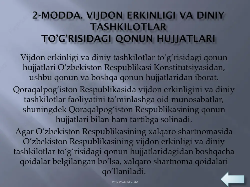 ferentsiyasi)ning bayoni; ta’sischilar vakolatini tasdiqlovchi hujjatlar; rahbar organ joylashgan manzilni tasdiqlovchi hujjat; ro‘yxatga olish yig‘imi to‘langani to‘g‘risidagi hujjat. www.arxiv.uz www.arxiv.uz diniy tashkilotlar hamda ularning markaziy boshqaruv organlarini ro‘yxatdan o‘tkazish to‘g‘risidagi ariza berilgan kundan e’tiboran bir oylik muddatda ko‘rib chiqiladi. adliya organlari qo‘shimcha materiallar talab qilish olishga hamda tegishli organlarning ekspert xulosasini olishga haqli. bunday holda qaror ro‘yxatdan o‘tkazish to‘g‘risidagi ariza berilgan kundan e’tiboran uch oylik muddatda qabul qilinadi. diniy tashkilotning ustaviga kiritilgan qo‘shimchalar va o‘zgartishlar diniy tashkilotni ro‘yxatga olish kabi tartib va muddatlarda ro‘yxatga olinishi lozim. diniy tashkilotlar rahbarlarining tashkilot ustavini davlat organlaridan ro‘yxatdan o‘tkazishdan bo‘yin tovlashi qonun hujjatlariga muvofiq javobgarlikka tortishga olib keladi. diniy tashkilotning faoliyati o‘z ustaviga muvofiqligini nazorat qilish diniy tashkiloti ro‘yxatga olgan organ tomonidan amalga oshiriladi. ro‘yxatdan o‘tmagan diniy tashkilotlar faoliyat ko‘rsatishiga yo‘l qo‘ygan mansabdor shaxslar qonun hujjatlariga muvofiq javobgar bo‘ladilar. www.arxiv.uz www.arxiv.uz agar diniy tashkilot ustavining qoidalari va boshqa hujjatlari ushbu qonun yoki o’zbekiston respublikasi …
