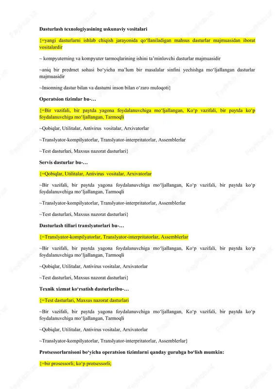 ritatorlar, assemblerlar ~test dasturlari, maxsus nazorat dasturlari} dasturlash tillari translyatorlari bu-… {=translyator-kompilyatorlar, translyator-interpritatorlar, assemblerlar ~bir vazifali, bir paytda yagona foydalanuvchiga mo‘ljallangan, ko‘p vazifali, bir paytda ko‘p foydalanuvchiga mo‘ljallangan, tarmoqli ~qobiqlar, utilitalar, antivirus vositalar, arxivatorlar ~test dasturlari, maxsus nazorat dasturlari} texnik xizmat ko‘rsatish dasturlaribu-… {=test dasturlari, maxsus nazorat dasturlari ~bir vazifali, bir paytda yagona foydalanuvchiga mo‘ljallangan, ko‘p vazifali, bir paytda ko‘p foydalanuvchiga mo‘ljallangan, tarmoqli ~qobiqlar, utilitalar, antivirus vositalar, arxivatorlar ~translyator-kompilyatorlar, translyator-interpritatorlar, assemblerlar} protsessorlarnisoni bo‘yicha operatsion tizimlarni qanday guruhga bo‘lish mumkin: {=bir prosessorli; ko‘p protsessorli; ~ toqprosessorli; juft protsessorli; ~ ichkiprosessorli; tashqiprotsessorli; ~ kichikprosessorli; kattaprotsessorli;} tarmoqni tashkil qilishi bo‘yicha operatsion tizimlarni qanday guruhga bo‘lish mumkin: {= lokal, tarmoqli ~muloaqotli, foydali ~ sezuvchan, sezilmas ~ tor, keng} tarmoqda bajaradigan funktsiyasi bo‘yicha operatsion tizimlarni qanday guruhga bo‘lish mumkin: {=serverli, kliyentli ~ muloaqotli, foydali ~ sezuvchan, sezilmas ~ tor, keng} litsenziya turi bo‘yicha operatsion tizimlarni qanday guruhga bo‘lish mumkin: {= ochiq kodli, yopiq kodli ~ …