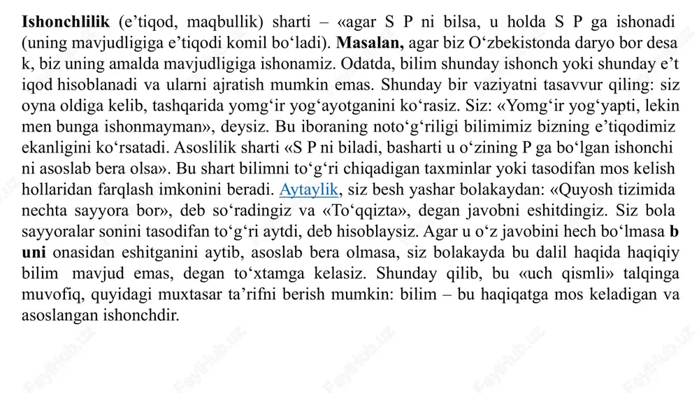 madaniyat yutuqlari (masalan, olovning o‘g‘irlanishi haqidagi mif) va shu kabilar haqida hikoya qiladi. mifning mazmuni ramziy tilda ifodalanadi, natijada uning xulosalari keng va ko‘p ma’noli tus kasb etadi. ko‘p sonlilik tamoyilini, aks ettirish, muayyanlik va antromorflik (ya’ni, inson xususiyatlarini tabiat ob’ektlariga o‘tkazish), obraz va ob’ektni tenglashtirish kabilar mifologik bilishning o‘ziga xos xususiyatlaridir. borliqni anglab etish usuli sifatida mif inson, jamiyat, dunyoni modellashtiradi, tasniflaydi va talqin qiladi. diniy bilim insoniyat to‘plagan tajribaga tayanib, inson hayotining muhim ko‘rinishlari, chunonchi: oila va turmushdagi xulq-atvor, axloqiy qoidalar, mehnat, tabiat, jamiyat va davlatga munosabatni tartibga soladi. dinning asosiy vazifasi – inson hayoti, tabiat va jamiyat borlig‘ining mazmunini aniqlashdan iborat. din universumning pirovard mazmunlari haqidagi o‘z tasavvurini asoslab, dunyo va insoniyatning birligini tushunishga ko‘maklashadi.u inson hayotini o‘zgartirishga qodir bo‘lgan haqiqatlar tizimidan iborat. diniy ta’limotlarning o‘ziga xos xususiyati shundan iboratki, ular jamoa tajribasini ifodalaydi va shu bois nafaqat har bir dindor odam, balki dinga sig‘inmaydiganlar uchun ham …