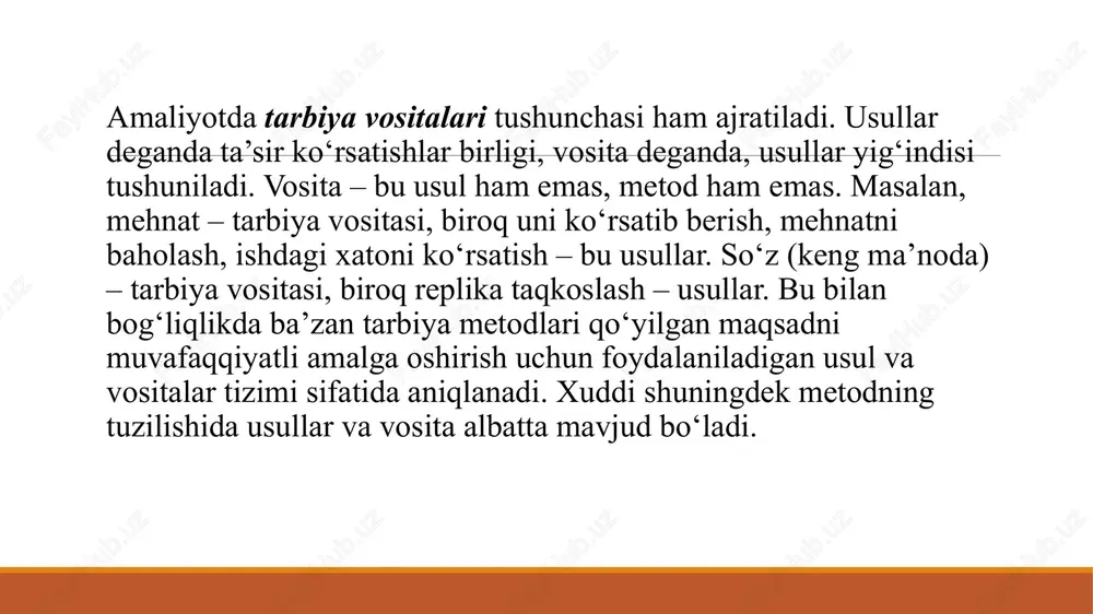 ishonchi va hayotiy qarashlariga aylanadi. ushbu guruhga ma’naviy, axloqiy, estetik, mafkuraviy, huquqiy, jismoniy, ekologik, iqtisodiy va h.k. mazmundagi suhbatlar hamda namuna koʻrsatish metodlarini kiritish mumkin. ikkinchi guruh metodlari yordamida oʻquvchida ma’naviy mazmunga oid odatlar hosil qiladi. oʻquvchi xulqida ijtimoiy tarbiyaning mazmuniga muvofiq ma’naviy odatlar asosida, faoliyat zaminida tarkib topadi. faoliyat oʻquvchilarning ijtimoiy munosabat va ijtimoiy xulq-atvor tajribasi bilan boyituvchi muhim manba boʻlib hisoblanadi. ikkinchi guruh metodlari orasida pedagogik talab metodi ahamiyatlidir. pedagogik talab turli vazifalarni bajarilishi, ya’ni ijtimoiy xulq-atvor me’yorini ifodalash, u yoki bu faoliyatda qatnashib bajarilishi zarur boʻlgan aniq bir vazifani amalga oshirish, u yoki bu harakatni olib borishga undovchi boʻlishi mumkin. talablar bevosita yoki bilvosita qoʻyilishi mumkin. bevosita talablar qat’iy buyruq yoki koʻrsatma, ishchanlik, yoʻl-yoʻriq beruvchi tavsifdagi koʻrinishda boʻladi. bilvosita talablar kechinma, intilish tuygʻusini uygʻotishi koʻzda tutilgan holda maslahat, iltimos, ta’na qilish, faoliyatiga nisbatan qiziqish uygʻotish tarzida namoyon boʻladi. talablar oʻquvchida u yoki bu darajaja ong, asos, maqsad …