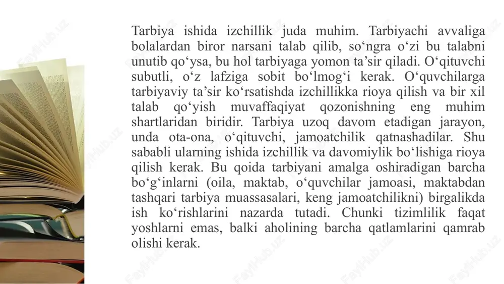 shirish uchun o‘qituvchi-tarbiyachining tarbiya tizimiga kiritilishi lozim. masalan, maktab kutubxonasi tarbiya vositasi bo‘lishi uchun o‘qituvchi va kutubxonachi yozuvchilar bilan uchrashuv, o‘qilgan kitoblarni muhokamasini uyushtirishlari lozim. tarbiya natijasi tarbiyaviy jarayonning usullari, uslubi, vositalari va shakllaridan mohirona foydalanishga bog‘liq. tarbiyachilar ta’sir etishning bola shaxsiyatiga maqbul metodni, tanlab olishlari, uning shaxsini o‘zgartirish uchun kerakli sharoit yaratishlari lozim. tarbiya metodlari har bir bolaga, bolalalar jamoasiga alohida munosabatda bo‘lishni nazarda tutadi. shunday qilib, tarbiya jarayonida o‘qituvchi yakka o‘quvchi yoki sinf jamoasi manfaati yo‘lida biron-bir tarbiyaviy masalani hal qilish uchun o‘quvchilarning yosh va individual xususiyatlarini, tarbiyalanganlik darajalarini, pedagogik vaziyat xarakterini hisobga olgan holda ta’sir etishning turli-tuman metod, uslub va shakllarini majmuasiga tarbiya usuli deyiladi. xalq pedagogikasida qo‘llanilgan juda xima-xil tarbiya metodlari quyidagi tarzda umumlashtirish mumkin. 1.tushuntirish (o‘rganish, odatlantirish, mashq qildirish). 2.namuna (maslahat berish, uzr so‘rash, yaxshiliklar haqida so‘zlash, o‘rnak bo‘lish). 3. nasihat berish, o‘git (undash, ko‘ndirish, iltimos qilish, yolvorish, tilak- istak bildirish, ma`qullash, raxmat aytish, duo …