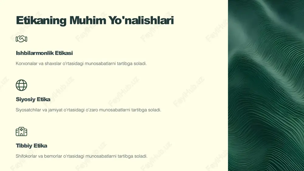 arbiya ayollarda go'zallik va uyg'unlikni idrok qilish qobiliyatini rivojlantiradi, bu esa ularning jamiyatga foydali bo'lishga va o'zaro hurmatga intilishlariga yordam beradi. barkamol shaxsiyat etik va estetik qadriyatlar ayollarni barkamol shaxsiyat sifatida shakllantirishga yordam beradi. ularning dunyoqarashi kengayadi va hayotga bo'lgan munosabatlari boyitiladi. ijtimoiy tarbiya etik va estetik tarbiya ayollarga o'zlarini va atrofidagilarni hurmat qilish, oilaviy qadriyatlarga e'tibor berish va jamiyatda muhim rol o'ynashga o'rgatadi. 19 etika va estetika muammolari nazariy muammolari etika va estetika nazariyasi har doim munozaralarga boy. turli falsafiy maktablar bu sohalarda o'ziga xos qarashlarga ega. amaliy muammolari etika va estetikani kundalik hayotga tatbiq qilishda ko'plab qiyinchiliklar mavjud. 20 etika va estetikaning jamiyatdagi muvozanati jamiyatda etika va estetika bir-birini to'ldiruvchi va bir-biriga bog'liq ikki muhim tushunchadir. ularning muvozanati jamiyatda uyg'unlik va barqarorlikni ta'minlashda muhim rol o'ynaydi. 1 uyg'unlik etika va estetika jamiyatda uyg'unlik yaratishga yordam beradi. 2 barqarorlik ularning muvozanati jamiyatda barqarorlikni ta'minlaydi. 3 taraqqiyot etika va estetika …