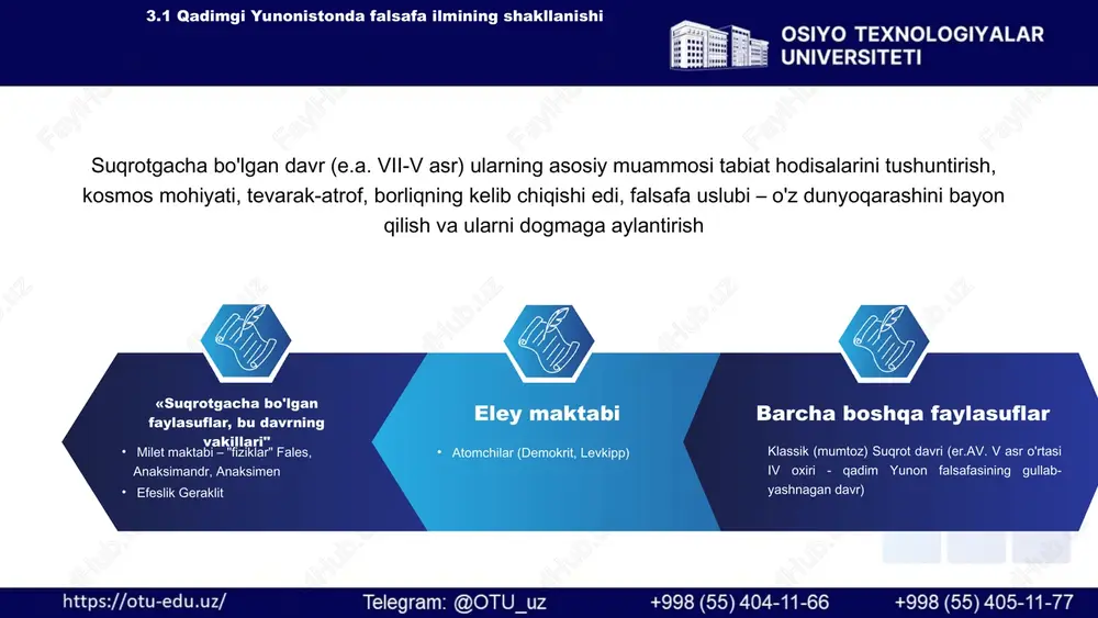 aslida umuman mavjud emas ellinizm davri (miloddan avvalgi vi-ii asr) polis inqirozi va yunonlar hukmronligi va iskandar zulqarnayn va uning avlodlari boshchiligidagi osiyo va afrikada yirik davlatchilikning tashkil qilinishi davri xususiyatlari olam (narsalar olami) vaqtincha o'zgaruvchan va aslida umuman mavjud emas platon-o'zidan keyin biri "suqrot apologiyasi", "parmenid", "gorgiy", "fedon", "davlat" qonunlar kabi yirik falsafiy asarlarini qoldirgan birinchi qadimgi yunon faylasufi har qanday mavjud, shunchaki narsa haqidagi boshlang'ich g'oya (eydos)ning moddiy in'ikosidir (masalan otlar tug'iladilar va halok bo'ladilar, biroq ular abadiy va o'zgarmas ot g'oyasining namoyon bo'lishigina xolos) 3.3. yangi va eng yangi davr falsafasining ustuvor yo'nalishlari platon akademiyasi kiniklar suqrot g'oyalari ta'sirida shakllangan falsafiy ta'limotlar va ularning suqrot shogirdlari tomonidan rivojlantirilishi. miloddan avvalgi 385-yilda platon yaratgan diniy falsafiy maktab, uning maqsadi, falsafiy muammolarini tadqiq qilish miloddan avvalgi vi asrgacha mavjud bo'lgan (1000 yil) xudolarni ulug’lashdan iborat jamiyatdan tashqaridagi, erkinlik g'oyasini asoslovchi falsafiy maktab. uning namoyondalari o'z falsafiy qarashlarini o'zlarida tekshirganlar. …
