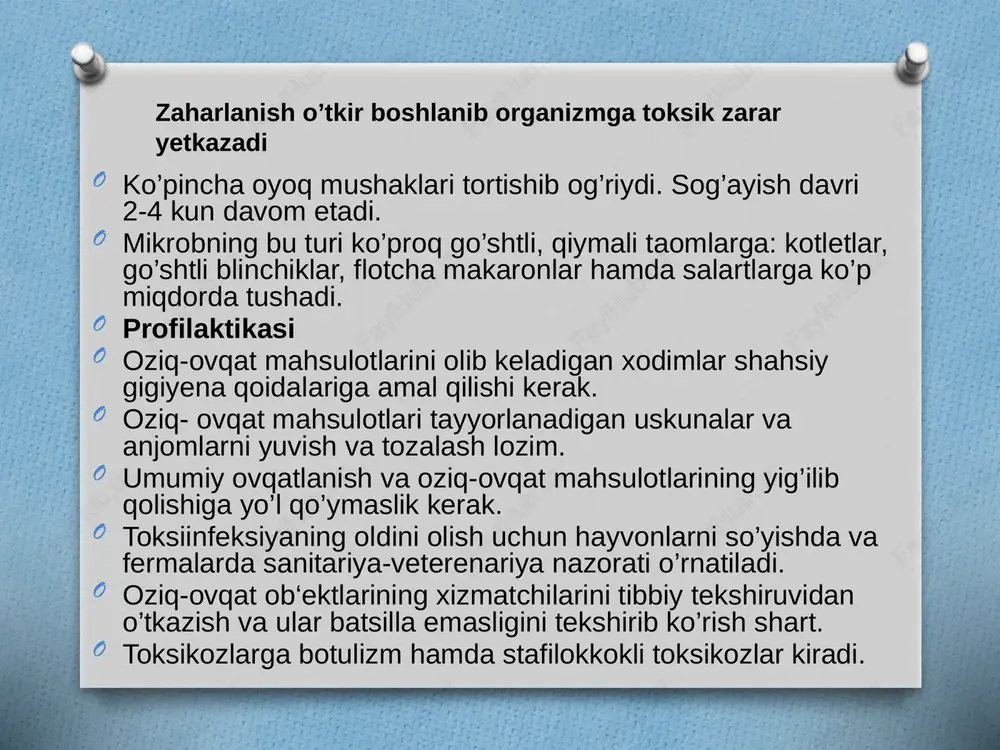 shi, qusish, ich ketishi) kuzatiladi. profilaktikasi. dalada qor ostida qolib ketgan donlarni ovqatda iste‘mol qilmaslik kerak. g’allani yig’ish va almashtirish punktlari tashkil qilinadi. qishda qolib ketgan don boshoqlari bo’lgan dalani erta haydash tavsiya etiladi. jami zaharlanganlardan foiz hisobida: 1 yoshgacha – jami, zaharlanganlarni 3 foizini tashkil etadi; 1-3 yoshgacha – 52,2 foizini tashkil etadi; 4-7 yoshgacha – 22,6 foizini tashkil etadi; kichik maktab yoshidagilar, ya`ni o`smirlar - 4,4 foizni tashkil etadi; o`rta va katta maktab yoshidagilar – 17,8 foizni tashkil etadi. jami zaharlanganlardan foiz hisobida: dori moddalar va boshqa kimyoviy moddalar bilan tasodifan (bilmasdan) zaharlanish jami zaharlanishlarning – 79,2 foizini tashkil qiladi. atayin, o`z-o`zini zaharlash – 20 foizini tashkil etadi; boshqa odamlar tomonidan qasddan zaharlash – 0,8 foizni tashkil etadi. qabul qilingan kimyoviy moddalarning turiga ko`ra zaharlanish turlari quyidagicha bo`ladi: 1.bolalarning dori moddalari bilan zaharlanishi jami zaharlanishlarni 76,9 foizini taskil etadi; 2.ro`zg`orda ishlatiladigan kimyoviy moddalar (benzin, kerosin, kir yuvadigan poroshok, …