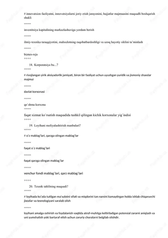 tadbirkorlikni rivojlantirishda davlatning roli. 27. rivojlangan davlatlar yangi texnika va texnologiyani yaratishga, yangi mahsulotlarni ishlab chiqarishga yaimning necha foizini sarflaydilar? ==== # 5-7 ==== 3-5 ==== 7-9 ==== 9-11 ++++ 28. rivojlangan mamlakatlarda yaim o`sishining necha foizi yangi texnologiyalar, asbob-uskunalar, yangi bilim yoki yechimlarga ega bo`lgan mahsulotlar ulushiga to`g`ri keladi.? ==== # 70-85 ==== 30-45 ==== 90-95 ==== 50-65 ++++ 29. innovatsion jamg`arma birinchi bo`lib qaysi mamlakatda tashkil qilindi? ==== # amerika qo`shma shtatlarida ==== angliyada ==== yaponiyada ==== germaniyada ++++ 30. iqtisodiyotning tarkibiy tuzilishini mo`tadil innovatsion muhit yaratish orqali optimallashtirish, yangilik va ixtirolarni keng tarqatishga ixtisoslashgan modelga qaysi mamlakatlar asos solgan?==== # germaniya, shvetsiya, shvetsariya ==== yaponiya, janubiy koreya ==== aqsh, angliya, fransiya ==== italiya, ispaniya, portugaliya ++++ 31. o‘zbekistonda innovatsion rivojlanishning qaysi modelidan foydalanmoqda?==== # makromiqyosda ilmiy ishlab chiqarish davrining barcha bosqichlarini o‘zida mujassam etgan maqsadli loyihalarni ishlab chiqish va amaliyotga tadbiq etish modeli ==== iqtisodiyotning tarkibiy tuzilishini …