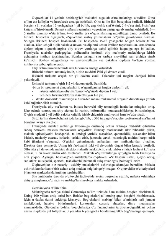 va g‘arb texnologiyasini yaponiya ishlab chiqarishiga kiritish masalasini qo‘yadi va bu ishni amalga oshirish uchun birinchi galda ta’lim tizimini tubdan o‘zgartirish harakatiga tushadi. 1872 -yili «ta’lim haqida qonun» qabul qilinib yapon ta’limi g‘arb ta’limi bilan uyg‘unlashtirildi. 1908 -yili yaponiyada boshlang‘ich ta’lim majburiy 6 -yillikka aylantirildi. 1893 -yili kasb yo‘nalishidagi dastlabki kollej paydo boldi. 1946 -yili qabul qilingan konstitusiya fuqarolarning ta’lim sohasidagi huquq va burchlarini belgilab berdi. unda barcha bolalar bepul umumiy ta’lim olishlari shart ekanligi belgilab qo‘yilgan. hozirgi zamon yapon ta’lim tizimlarining tarkibi quyidagicha: bog‘chalar, boshlang‘ich maktab, kichik o‘rta maktab, yuqori o‘rta maktab, oliy ta’lim tizimlariga kiruvchi o‘quv yurtlari. bolalar yosh xususiyatlariga qarab 3, 2, 1 yillik ta’lim kurslariga jalb qilinadi. yaponiyada maktabgacha ta’lim muassasalarining 59,9% xususiy, 40,8% munisipal, 0,3% davlatnikidir. majburiy ta’lim. ta’limning pog‘onasi 6 yoshdan 15 yoshgacha bo‘lgan bolalarni o‘z ichiga oladi. 6 yillik boshlang‘ich ta’lim va 3 yillik kichik o‘rta maktab, 9 yillik majburiy ta’limni tashkil etadi. …