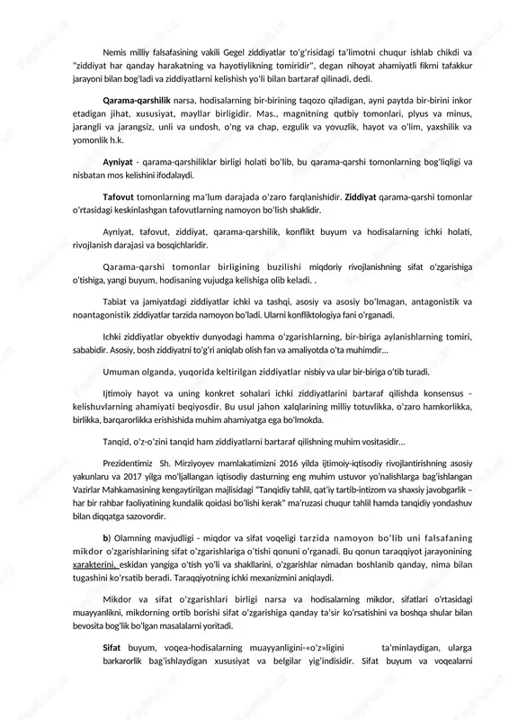 ar tutashgan joyda vujudga kelgan muayyan fan sohasida qo’llaniladigan usullar tizimi. har bir fundamental fan, mohiyat-e’tibori bilan, o’z predmetiga va o’ziga xos tadqiqot usullariga ega bo’lgan sohalar majmuidir. ijtimoiy-gumanitar fanlar metodlari. ijtimoiy-gumanitar fanlarda kuzatish natijalari ko’p jihatdan kuzatuvchining shaxsiga, uning hayotiy qarashlariga va boshqa subyektiv omillarga bog’liq bo’ladi. mazkur fanlarda oddiy (odatdagi) kuzatish (faktlar va hodisalar chetdan turib qayd etiladi) va ishtirokchilikka asoslangan (ichdan turib) kuzatish (bunda tadqiqotchi ma’lum ijtimoiy muhitga qo’shiladi, unga moslashadi va hodisalarni «ichdan» tahlil qiladi) farqlanadi. har qanday o’zgarish ma’lum ma’noda jarayondir. harakat, bir tomondan, moddiy jismlar o’rtasidagi va ularni tashqil etuvchi unsurlar o’rtasidagi aloqadorlikning natijasi, ikkinchi tomondan, ulardagi o’zgarishlar sifatida namoyon bo’ladi. taraqqiyot - tizimni yangilashga olib keluvchi ilgarilama o’zgarish. taraqqiyot (rivojlanish) moddiy obyekt va ma’naviy omillarning 1) yangi sifatlarini yuzaga keltiradigan; 2) takrorlanmaydigan, aniq yo’nalishda yuz beradigan; 3) qonuniyatli asosda ro’y beradigan tub o’zgarishlardir. mazkur uch xususiyat mavjud bo’lgandagina o’zgarish taraqqiyot darajasiga ko’tariladi. progress …