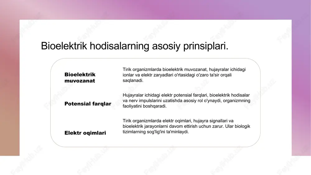 ktromagnit maydonlar tibbiyotda diagnostika va davolashda qo'llaniladi. masalan, magnit rezonans tomografiyasi (mrt) orqali ichki organlar tasvirini olish mumkin. elektromagnit maydonlar uzoq muddatli ta'siri, masalan, uyqu sifatiga salbiy ta'sir ko'rsatishi yoki stress darajasini oshirishi mumkin. tadqiqotlar davom etmoqda. bioelektrik hodisalar va ularning tibbiyotdagi ahamiyati. 01 bioelektrik tushunchasi bioelektrik hodisalar tirik organizmlarda energiya va axborot uzatish jarayonlarini ta'minlaydi, bu esa ularning biologik faoliyatini muhim darajada ta'sir qiladi. 02 tibbiyotda qo'llanilishi bioelektrik hodisalar tibbiyotda yurak ritmini nazorat qilish, nerv tizimini stimulyatsiya qilish va jarohatlarni davolashda qo'llaniladi, natijada bemorlarning sog'lig'ini yaxshilaydi. 03 davolash usullari elektromagnit maydonlardan foydalanish, masalan, bioelektrik stimulyatsiya va lazer terapiyasi, turli kasalliklarni davolashda samarali usullardir. 04 tadqiqot va natijalar so'nggi tadqiqotlar bioelektrik hodisalarning onkologiya va nevrologiyada qo'llanilishi natijasida bemorlarning hayot sifatini oshirishga yordam berishini ko'rsatmoqda. bioelektrik energiya manbalari: tabiiy va sun'iy. 1 tabiiy manbalar - tabiiy bioelektrik energiya manbalari, masalan, odam organizmida mavjud bo'lgan hujayra elektrolitlari va nerv impulslaridan iborat. bu …