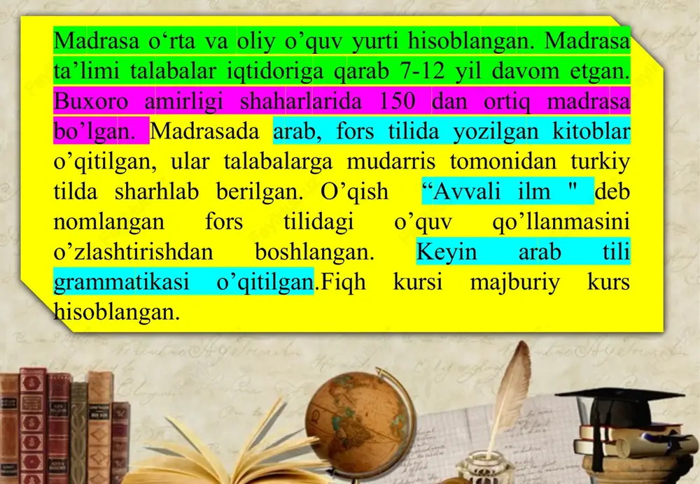 iy osiyo zaminida temuriylar hukmronligi inqirozga yuz tutgandan keyin, bu o’lkani qo’lga kiritish uchun jahonning ko’pgina mamlakatlari harakat qildilar. ana shulardan biri chor rossiyasi edi. rossiyaning bosqinchilik yurishi xix asrning ikkinchi yarmiga to’g’ri keladi. chunki bu davrda sobiq imperiya o’rnida 3 ta xonlik – buxoro amirligi, xiva hamda qo’qon xonliklari bo’lib, bular o’rtasida nizo kuchaygan edi. bundan foydalangan chor hukumati o’zining yovuz niyatlarini amalga oshirishga kirishib dastlab qozog’istonni o’zlariga tobe qildilar. so’ngra qozog’iston orqali 1864 yilda turkmaniston, chimkent, avliyo otani, 1865 yilda toshkentni zabt etdilar. 1867 yilda yettisuv viloyati, 1868 yilda samarqand, 1876 yilda farg’ona viloyati rossiya qo’liga o’tdi.1876 yil 19 fevralda podsho aleksandr ii qo’qon xonligi tugatilganligi to’g’risida buyruqqa imzo chekdi. 1885 yilga kelib markaziy osiyoning hamma yerlari russiya tasarrufiga o’tdi va o’lkada turkiston general gubernatorligi tashkil etiladi. 1875 yil turkistonda xalq maorifi haqida qonun e’lon qilindi, unga binoan general – gubernatorlik tasarrufida o’lka o’quv yurtlari boshqarmasi tashkil etildi. …