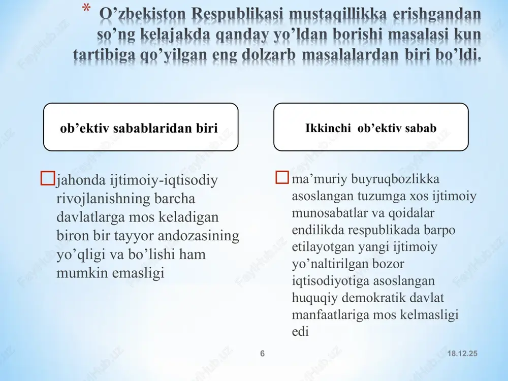 kistonda qurilmoqchi bo`lgan jamiyatning taraqqiyot modelini ishlab chiqdi. u taraqqiyotning “o`zbek modeli” shaklida vujudga keldi va prezidentimiz tomonidan belgilangan besh tamoyilga asoslanadi. ular quyidagilardan iborat: iqtisodiyotnung siyosatdan ustivorligi 1- tamoyil davlat – bosh islohatchi 2- tamoyil jamiyat hayotining barcha sohalarida qonunning ustuvorligi islohatlarni bosqichma bosqich amalga oshirish kuchli ijtimoiy siyosat 3- tamoyil 5-tamoyil 4-tamoyil o’zbekistonning o’ziga xos taraqqiyot yo’li – “o’zbek modeli” asosiy maqsad va vazifalari mazmuni tamoyillar bozor iqtisodiga asoslangan erkin demokratik jamiyat barpo etish iqtisodiy, ijtimoiy, siyosiy, ma’naviy va boshqa sohalarda tub o’zgarishlar va islohotlarni amalga oshirish xalqning turmush farovonligini oshi- rish, komil insonni shakllantirish millati, tili va dinidan qat’i nazar, davlatimizda yashovchi barcha kishilar uchun munosib hayot sharoitini yaratib berish iqtisodiyotning siyosatdan ustunligi har bir inson uchun ijtimoiy kafolatlangan turmush darajasini va erkinliklarini ta’minlash xalqimizning qadriyatlari va mentalitetiga, milliy davlatchi-lik an’analariga tayanish davlat - bosh islohotchi qonunning ustuvorligi kuchli ijtimoiy siyosat yuritish bozor iqtisodiyotiga tadrijiy yo’l bilan …