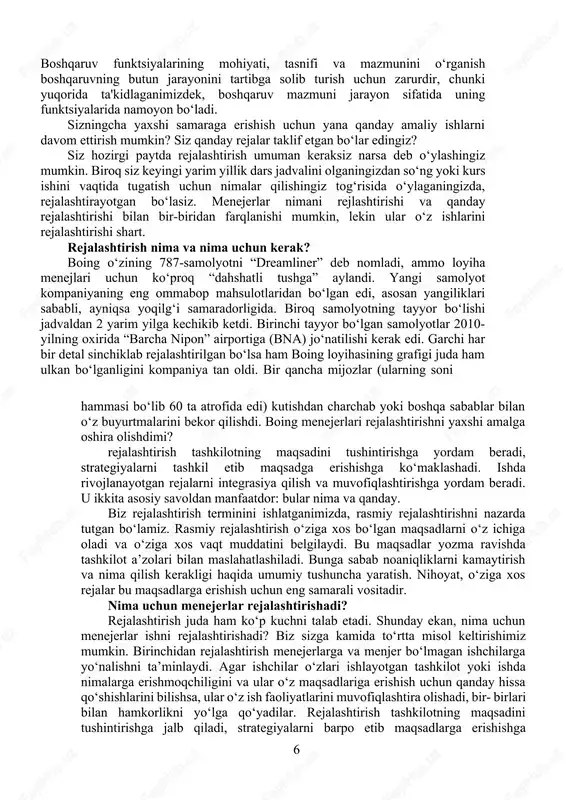 ga kelishi. bu faza maqsad tanlash, boshqaruv usuli bilan xarakterlanadilar; asosiy vazifasi – bozorga chiqish, mehnat tashkili – daromadni maksimal qiymatga oshirish bilan bogʻliq. 2 faza – yoshlik va balogʻat. oʻziga xos xususiyatlar: bosh maqsad – vaqtinchalik daromad va tez oʻsish; qat’iy rahbarlik tufayli sogʻ qolish; asosiy vazifa – bozor qismini mustahkamlash va oʻziga qaratish; mehnat tashkili – daromadni rejalashtirish, xizmatlarni va maoshni koʻpaytirish. 3 faza – etilganlik. bosh maqsad – tizimli, balansli oʻsish va individual imidj (obroʻ) shakllanishi; vakolatlar boʻlinishi natijasida rahbariyat samaradorligiga erishadi (markazlashmagan boshqaruv) asosiy vazifa – har xil yoʻnalishlar boʻyicha oʻsish. bozorni bosib olish, turli qiziqishlarni hisobga olish; mehnat tashkili - boʻlinishi va kooperatsiya; individual natija uchun mukofot. 4 faza – tashkilotning eskirishi. bu yuksalishni oily pogʻonasi. bosh maqsad – erishilgan natijalarni saqlab qolish, boshqaruvda harakatlar koordinatsiyasi orqali 8 robbins stephen p.management / stephen p. robbins, mary coulter. — 11th ed. r647 2012 . 16-20-betlar samaradorlikka …