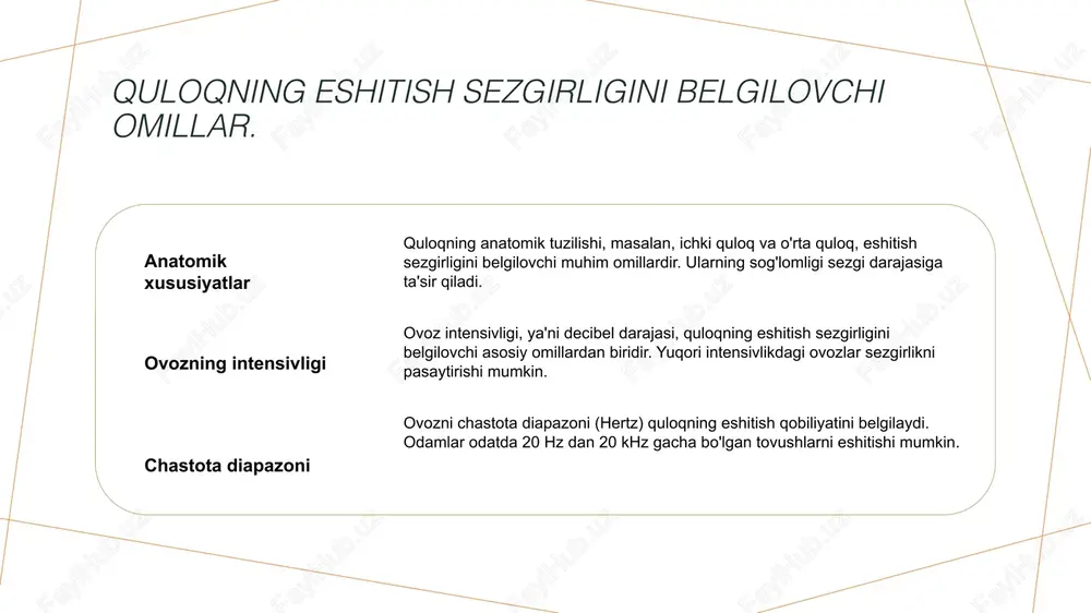 shovqin, quloqning sezgirligini pasaytirishi va eshitish qobiliyatini zaiflashtirishi mumkin, bu esa uzoq muddatda eshitish salomatligiga zarar yetkazadi. 03 ovoz sifatining ahamiyati ovoz sifatining yuqoriligi, eshitish tizimining sog'lig'ini saqlashda muhim rol o'ynaydi. yuqori sifatli ovoz, quloqni kamroq charchatadi va eshitishni yaxshilaydi. eshitish testi: quloqning sezgirligini o'lchashning innovatsion usullari. 1 innovatsion metodlar - eshitish testlari uchun innovatsion usullar, masalan, kompyuter asosidagi testlar va virtual reallik yordamida eshitish sezgirligini aniqlashni taklif etadi. 2 ovozli testlar - ovozli testlar orqali turli chastotalardagi ovozlarni eshitish qobiliyatini baholash mumkin. bu usul, eshitish qobiliyatini aniqlashda an'anaviy testlardan samaraliroqdir. 3 mobil texnologiyalar - mobil ilovalar yordamida eshitish testlarini o’tkazish, foydalanuvchilarga qulaylik yaratadi. bu texnologiyalar yordamida har kim o'z eshitish sezgirligini baholay oladi. ovoz ifloslanishi: eshitish salomatligiga xavf tug'diruvchi omillar. 1 ovoz ifloslanishi - ovoz ifloslanishi, inson eshitish tizimini salbiy ta'sir etuvchi, namoyon bo'lgan akustik buzilishlar sifatida tushuniladi. bu, eshitish salomatligini tahdid qilishi mumkin. 2 shovqin manbalari - shahar …