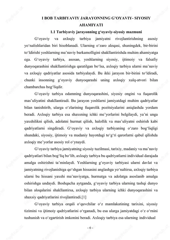 n olganda, yoshlarni tashqi dunyo bilan aloqalarga tayyorlasa, axloqiy tarbiya ularni bu aloqalarni yaxshilashda axloqiy asoslar bo‘yicha yo‘naltiradi. g‘oyaviy va axloqiy tarbiya o‘rtasidagi o‘zaro aloqadorlik, shuningdek, yoshlarning huquqiy ongini shakllantiradi. g‘oyaviy tarbiya ularni siyosiy tizimni anglashga, jamiyatdagi huquqiy me’yorlarni hurmat qilishga, fuqarolik huquqlarini bilishga undaydi. axloqiy tarbiya esa, bu huquqlarni amalga oshirishda insoniy qadriyatlar va ma’naviy-axloqiy me’yorlar asosida to‘g‘ri yo‘lni tanlashni o‘rgatadi. g‘oyaviy va axloqiy tarbiya birgalikda yoshlarning shaxsiy, ijtimoiy va siyosiy rivojlanishiga ijobiy ta’sir ko‘rsatadi. g‘oyaviy-siyosiy va axloqiy tarbiya o‘rtasidagi uzviy aloqani tashkil etishda ta’lim muassasalari va o‘qituvchilarning roli beqiyosdir. o‘qituvchilar nafaqat ilmiy bilimlarni, balki ma’naviy-axloqiy qadriyatlarni ham yoshlar ongiga singdirishadi. ular g‘oyaviy tarbiya bilan birga axloqiy tarbiya asoslarini ham yoshlar ongiga tatbiq etadilar. shuningdek, jamiyatdagi turli xil siyosiy va ijtimoiy jarayonlar o‘quvchilarni g‘oyaviy-siyosiy va axloqiy nuqtai nazardan to‘g‘ri yo‘naltiradi, bu esa ularning barkamol shaxslar sifatida shakllanishiga yordam beradi. g‘oyaviy va axloqiy tarbiyaning o‘zaro aloqasi yoshlarning fuqarolik ongini rivojlantiradi, …