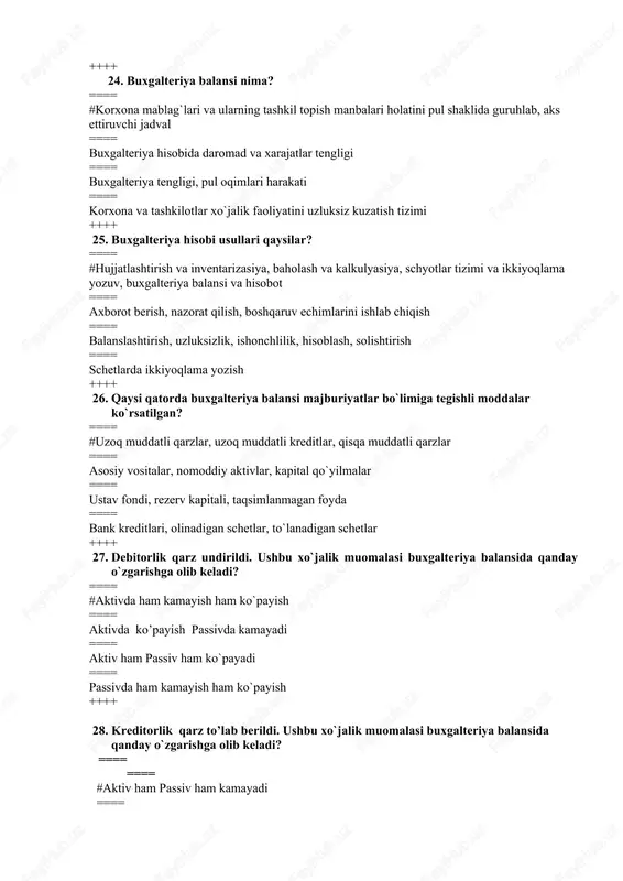 “boshqa operatsion xarajatlar” kt 6920 “to`lanadigan foizlar” ==== dt 9430 “boshqa operatsion xarajatlar” kt 6010 “mol etkazib beruvchilarga to`lanadigan schyotlar” ==== dt 9610 “foizlar ko`rinishidagi xarajatlar” kt 6010 “mol yetkazib beruvchilarga to`lanadigan schyotlar” ==== d- t 9610 “foizlar ko`rinishidagi xarajatlar” k- t 6920 “to`lanadigan foizlar” ++++ 36. bank ko`rsatgan xizmatlari uchun mijoz-korxonadan 16825,19 so`m pul undirib oldi. ushbu xo`jalik operasiyasiga qanday buxgalteriya provodkasini amalga oshirish lozim? ==== # d- t 9430 “boshqa operatsion xarajatlar” k- t 5110 “hisob-kitob schyoti” ==== d- t 9610 “foizlar ko`rinishidagi xarajatlar” k- t 6010“mol yetkazib beruvchilarga to`lanadigan schyotlar” ==== d- t 9610 “foizlar ko`rinishidagi xarajatlar” k- t 6920 “to`lanadigan foizlar” ==== dt 9430 “foizlar ko`rinishidagi xarajatlar” kt 6920 “to`lanadigan foizlar” ++++ 37. olingan tmzning amaldagi mavjudligi va mol yetkazib beruvchilar schyot –fakturasidagi ma’lumotlar o`rtasidagi farqlar to`g`risidagi dalolatnoma tuzilishida kimlar ishtirok etadi? ==== # rahbar, ombor mudiri va mol yetkazib beruvchi vakili ==== rahbar va ombor …