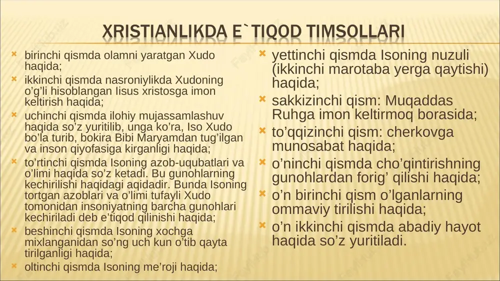 ildi, faqatgina lyuteranlikda non va vino bilan cho’qintirish saqlanib qoldi. injil. stokgolm: bibliyani tarjima qilish instituti, 1992. apokrifi drevnix xristian: issledovanie, teksti, kommentarii. m., 1989. artemev a.i. svideteli iegovi kazaxstana i sredney azii: istoriko-religiovedcheskiy analiz. almati, 2002. bibleyskaya entsiklopediya. m., 1991. bulgakov s.n. pravoslavie. m., 1991. gergey ye. istoriya papstva. m., 1996. gosudarstvenno-tserkovnie otnosheniya v rossii: kurs lektsiy. v 2 chastyax. m., 1995. devyatova s.v. sovremennoe xristianstvo i nauka. m., 1994. zakon bojiy: vtoraya kniga o pravoslavnoy vere. volgograd. 1987. iz istorii drevnix kultov sredney azii. xristianstvo. t.: glavnaya redaktsiya entsiklopediy, 1994. katolitsizm. slovar. m., 1991. k istorii xristianstva v sredney azii (xix-xx vv.). t.: o’zbekiston, 1998. nikitin a.b. xristianstvo v sredney azii (drevnost i srednevekove) // vostochniy turkestan i srednyaya aziya. m., 1984. nikolskiy n.m. istoriya russkoy tserkvi. 3-ye izd. m., 1985. ocherki istoriografii biblii i rannego xristianstva. minsk. 1970. protestantizm. slovar. m., 1990. ranovich a.v. pervoistochniki po istorii …