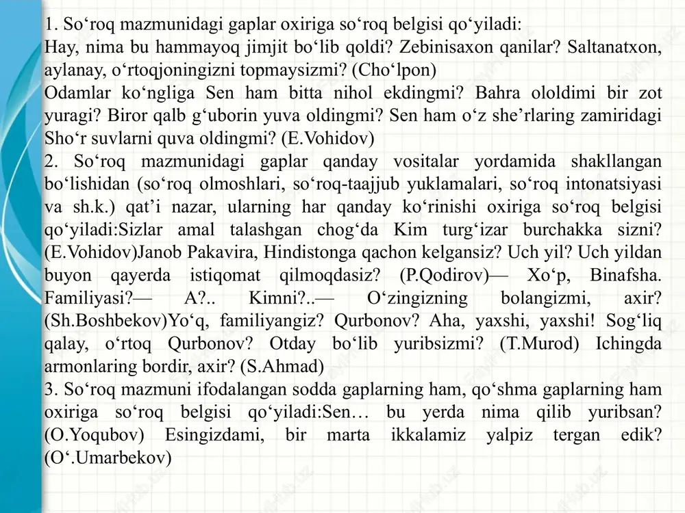 o gapda kuchli emotsionallik, his-hayajon mavjud boʻlganda, soʻroq belgisidan keyin undov belgisi ham qoʻyiladi: xalqini sevgan qaysi farzand vatanini ozod koʻrishni xohlamaydi?! (e.aʼzam) 1. undov gaplar oxiriga undov belgisi qoʻyiladi: buni qarang, unashtirishni toʻy deb yursa-ya! qoʻying, domlasi, hozir unashtirishdan ham aynidim! vaqt-soati yetganda boʻlar! vaqt-soati yetganda, kuyovni oʻzingiz topasiz! toʻyga oʻzingiz bosh boʻlasiz! (a.qahhor) 2. tarkibida emotsionallikni kuchaytiradigan qanday, qanchalik, qanaqa, naqadar, muncha, bunchalik kabi soʻzlar mavjud boʻlgan gaplar oxiriga undov belgisi qoʻyiladi:yashash qanday yaxshi, tagʻin shunday katta, goʻzal shaharda! (oʻ.umarbekov) qara, u qanday yaxshi yigit! (oʻ.umarbekov) hayot! u naqadar murakkab va naqadar ulugʻ! (oʻ.umarbekov) bu yoʻl naqadar ulugʻ, sehrli va muqaddasdir! (u.hamdam) chand bibi humoyunga tegmasdan oldin qanchalik shoʻx va quvnoq edi! (p.qodirov) muloyim qoʻllarda ivib, suvga aylangandan keyin goʻzal koʻzlarning supasida yonboshlashni muncha yaxshi koʻrar ekan bu koʻkat! (choʻlpon) ohanrabongiz bunchalik zoʻr boʻlmasa! (e.aʼzam) 3. emotsionallik darajasi kuchli boʻlgan ritorik soʻroq gaplar oxiriga baʼzan undov belgisi qoʻyiladi: …