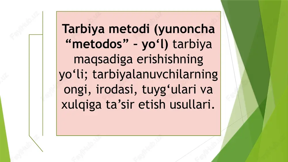adaniyatni shakllantirishga xizmat qilishi shart. jamoa faolini shakllantirish jamoaning u yoki bu faoliyatiga nisbatan ehtiyoji mazmunidan kelib chiqadi. o‘quvchilar jamoasini shakllantirishda an’analar muhim o‘rin tutadi. jamoa an’analari jamoa a’zolari tomonidan birdek qo‘llab-quvvatlanuvchi barqarorlashgan odatlar bo‘lib, ularning mazmunida munosabatlar xususiyati hamda jamoaning ijtimoiy fikri yorqin ifodalanadi. 1-topshiriq. kasb-hunar kollejlarida talabning qaysi shakllarini qo‘llashni tavsiya etish mumkin? ularni qo‘llanish xususiyatiga ko‘ra “+”, “-” ishoralaridan foydalaning. talab buy-ruq masla-hat ishora berish qo‘rqi-tish o‘yin ishonch iltimos e’tirof etish muho-kama qilish bevosita bilvosita e’tiboringiz uchun rahmat image1.png image2.png image3.png image4.png /docprops/thumbnail.jpeg