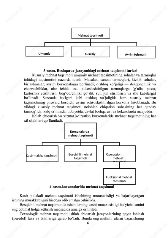 tlarda xodimlar bilan ishlash sohasida vaziyatga moslashuvchanlik zarur, ya’ni kasbiy tuzilma ishlab chiqarishning texnikaviy negizi oʻzgarib borishiga muvofiq ravishda oʻzgaruvchan boʻlishi lozim. 8. mehnatni ragʻbatlantirish. mehnatni moddiy va ma’naviy ragʻbatlantirish tizimini yaratish ish haqi, lavozim maoshi turlari va tizimlaridan foydalanish, mukofotlash tizimlarini ishlab chiqish kabilarni nazarda tutadi. mehnatni ragʻbatlantirishni tashkil etish mehnat faoliyatida yuksak koʻrsatkichlarga erishish maqsadida ish vaqtidan oqilona foydalanish, ilgʻor ish usullarini oʻzlashtirish, ish joylarini yaxshiroq tashkil etish, ishda zaruriy aniqlik va uyushqoqlikni ta’minlashga qaratilishi lozim. 9. ijtimoiy-mehnat munosabatlari. hozirgi vaqtda «ijtimoiy-mehnat munosabat- lari» atamasi ilmiy iste’molga kirib qoldi va faol ravishda ishlatilmoqda. u nomlayotgan realliklarni tarkibiy element sifatida xodimlarning mehnat faoliyatini tashkiliy jihatdan ta’minlashga kiritish oʻrinlidir. 10. mehnat intizomi. korxona xodimlarining umumiy mehnat natijalari har bir xodimning shaxsiy mehnat natijalariga bogʻliqdir. shu sababli ularning birgalikda faoliyat olib borishlari uchun muayyan tartibni saqlab borish, ishning boshlanishi va tugallanishi, tanaffuslar va hokazolarga rioya etish lozim. bundan tashqari esa mehnat …