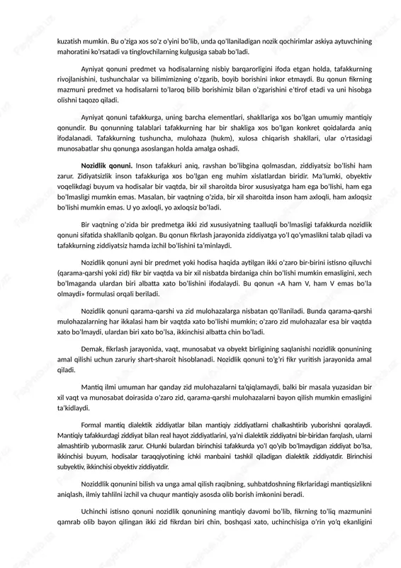 o’zaro fikr almashish vositasiga aylanadi. boshqacha aytganda, til fikrning bevosita voqe bo’lish shaklidir. tafakkur 3 shaklda: tushuncha, hukm (mulohaza) va xulosa chiqarish shakllarida namoyon bo’ladi . tafakkur shakli fikrning mazmunini tashkil etuvchi elementlarning bog’lanish usuli, tuzilishidir. fikrlash elementlari predmetning fikrda ifoda etilgan belgilari haqidagi axborotlardir. tushuncha, hukm va xulosa chiqarish tafakkurning universal mantiqiy shakllari, uning asosiy tarkibiy unsurlari hisoblanadi. chin fikr o’zi ifoda qilayotgan predmetga mos keluvchi fikrdir... fikrni to’g’ri qurishga tafakkur qonunlari talablariga rioya qilingandagina erishish mumkin. tafakkur qonuni muxokama yuritish jarayonida (fikrlash elementlari) o’rtasidagi mavjud zaruriy aloqalardan iborat. fan uchun formal mantiq murakkab muammolarni echish vositasini beradi. bunday vositalar, odatda, ilmiy nazariyaning strukturasini o’rganishda, unda ishlatiladigan formalizmning mohiyatini tushuntirib berishda, formal ziddiyatlar bo’lsa, ularni aniqlashda muhim ahamiyatga ega. uning nazariy ahamiyati shundan iboratki, u fan sifatida to’g’ri fikr yuritishning qanday amalga oshirishi haqida bilim beradi. mantiq to’g’ri fikr yuritishning xususiyatlarini o’rganadi. insoniylik muammosini o’rganish va hal etishda mantik …
