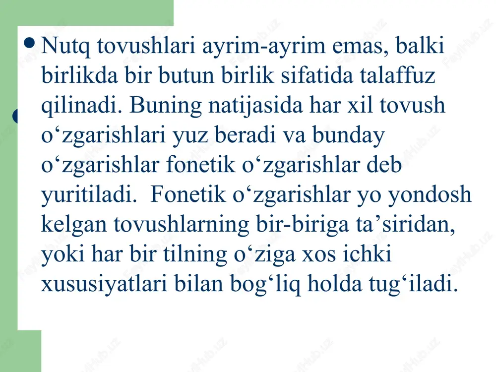 k o`zlashmalarda uchraydi: metropoliten>metro, kilogramm>kilo, taksomotor>taksi kabi. 2. eliziya – unli tovush bilan tugagan so`zga unli bilan boshlangan so‘zning qo‘shilishi natijasida bir unli tovushning tushishi. masalan, ayta oldi>aytoldi, dili orom> dilorom kabi. 3. sandxi hodisasi – analitik shakllarning ixchamlashuvi natijasida sodir bo‘ladigan fonetik o‘zgarishlar. masalan: ishlar edi>ishlardi, borgan emish>borganmish kabi. bu hodisa o‘z tabiatiga ko‘ra eliziyaga juda yaqin turadi; 4. aferezis – oldingi so‘zning so‘nggi tovushi (yoki tovushlari) ta’sirida keyingi so‘z boshidagi tovushning (yoki tovushlarning) tushishi: ne uchun>nechun, mulla aka>mullaka kabi. bu hodisa sandxining bir ko‘rinishi, xolos; 5. gaplologiya – yasama so‘z tarkibida birin-ketin kelgan ikkita bir xil bo‘g‘indan birining tushirib qoldirilishi. bu hodisa ham ko‘proq ixchamlashtirish, energiyani tejash asosida sodir bo`ladi. masalan, tragikomediya turpoq (toshkent shevasida), daryo>dayro (qipchoq lahjasi shevalarida), to‘g‘ramoq>to‘rg‘amoq (ayrim shevalarda) kabi. o‘rin almashinuviga uchragan tovushlar so‘z tarkibida bir-biriga yaqin yoki uzoq joylashgan bo‘lishi mumkin, shunga ko‘ra metatezaning ikki turi farqlanadi: a)kontakt metateza- yonma-yon joylashgan tovushlarning o‘rin …