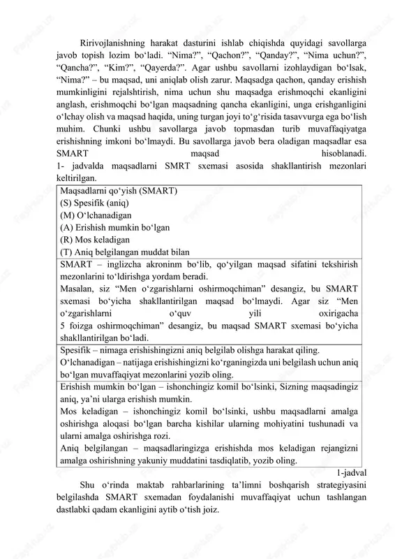 davrida ta’lim muassasasi real erishishi mumkin bo‘lgan, istalgan natijaning muayyan, sifatli, ayrim hollarda esa sipolik bilan miqdoriy tavsiflangan qiyofasidir. har qanday maqsad besh asosiy jihatga ega bo‘lishi kerak: 1. mukammal mazmunga, ya’ni natijaning barcha tavsiflarining aniq-ravshanligi. 2. nazoratlilik. 3. vaqt (muhlat)ning belgilanganligi. 4. reallik (imkoniyatga muvofiqligi). 5. asoslanganlik. ririvojlanishning harakat dasturini ishlab chiqishda quyidagi savollarga javob topish lozim bo‘ladi. “nima?”, “qachon?”, “qanday?”, “nima uchun?”, “qancha?”, “kim?”, “qayerda?”. agar ushbu savollarni izohlaydigan bo‘lsak, “nima?” – bu maqsad, uni aniqlab olish zarur. maqsadga qachon, qanday erishish mumkinligini rejalshtirish, nima uchun shu maqsadga erishmoqchi ekanligini anglash, erishmoqchi bo‘lgan maqsadning qancha ekanligini, unga erishganligini o‘lchay olish va maqsad haqida, uning turgan joyi to‘g‘risida tasavvurga ega bo‘lish muhim. chunki ushbu savollarga javob topmasdan turib muvaffaqiyatga erishishning imkoni bo‘lmaydi. bu savollarga javob bera oladigan maqsadlar esa smart maqsad hisoblanadi. 1- jadvalda maqsadlarni smrt sxemasi asosida shakllantirish mezonlari keltirilgan. maqsadlarni qo‘yish (smart) (s) spesifik (aniq) (m) o‘lchanadigan …