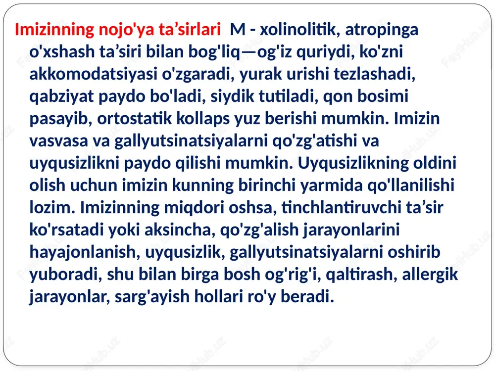 iroq. mezapam ham yuqorida keltirilgan trankvilizatorlarga o'xshab ketadi. tinchlantiruvchi ta’siri kamroq, ba’zi hollarda stimullovchi xususiyatga ham ega. shu tufayli mazepam «kunduzgi» trankvilizator deb ataladi, chunki kunduzi qo'llansa ham mehnat qobiliyati o'zgarmaydi. amizil anksiolitik, tinchlantiruvchi xususiyatga ega. markaziy xolinolitik, bosh miyaning retikulyar formatsiyasi xolinoretseptorlarini bog'lashi tufayli tinchlantiruvchi ta’sirga ega. narkoz uchun qo'llanadigan, uxlatuvchi moddalar, narkotik analgetiklar ta’sirini oshiradi, talvasaga qarshi xususiyati bor. amizil yo'tal refleksini ham tinchlantiradi. boshqa trankvilizatorlarga o'xshab psixonevrozlarda qo'llaniladi, markaziy m - xolinolitik bo'lgani uchun parkinson kasalligida, ekstrapiramid o'zgarishlarda, ichki a’zolarning spazm holatlarida qo'llash mumkin. amizilning noxush asoratlari m - xolinolitik (atropinga o'xshash) ta’siri bilan bog'liq. trioksazin o'rtacha anksiolitik xususiyatga ega, kayfiyatni ko'taradi, uxlatuvchi, mushaklarni bo'shashtiruvchi ta’sirlarga ega. sedativ tinchlantiruvchi moddalar moddalarmiya po'stlog'ida tormozlanish jarayonlarini oshirib, ularni jamlab chuqurlashtiradi, markaziy nerv sistemasiga tinchlantiruvchi ta’sir ko'rsatadi, ayniqsa, nerv sistemasi qo'zg'aluvchanligi oshganda sezilarli bo'ladi, tormozlovchi va qo‘zg‘aluvchanlik jarayonlari muvozanati to‘g‘rilanadi. moddalarning ta’siri nerv sitemasining turi hamda faolligiga bog'liq. sedativ moddalar …
