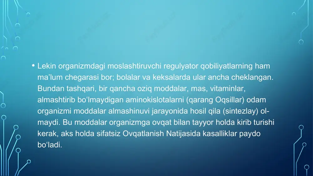 ni keskin oʻzgartirmay, oʻz vaqtida ovqat yeb turish muhim. ovqatni pishirishga ham eʼtibor berish lozim. qovurilgan, dudlangan, tuzlangan va sirkalangan taomlarni kam isteʼmol qilish tavsiya etiladi. homilador ayol va emizikli ona ovqati. homiladorlik oqsillar, qisman yogʻlar, kalsiy, fosforga boʻlgan ehtiyoj ortadi. homilador ayol bajarayotgan ishining harakteriga va vazniga qarab sutkasiga 100— 120 g, asosan, oson singadigan va toʻla qimmatli oqsil qabul qilishi, shuning, taxminan 65 g hayvon oqsili boʻlishi, sut, tvorog, pishloq, baliq, goʻsht (goʻshtning yogʻsiz xilini qaynatib pishirilgan holda) isteʼmol qilish lo-zim. har kuni sut ichib turish homilador ayol organizmini zarur miqdordagi oqsil, kalsiy va fosfor bilan taʼminlab boradi. homilador ayol ovqati vitaminlarga ham boy boʻlishi kerak. ular organizmi koʻproq temir moddasiga muh-toj boʻladi. jigar, tuxum sarigʻi, osh-koʻklar, mevalar temirga ayniqsa boy. homiladorlik davrida osh tuzini ortiqcha isteʼmol qilmaslik, semirishga moyil ayollar esa yogʻ, uglevodlarni kamroq isteʼmol qilishi zarur. emizikli ona homiladorlik davridagiga qaraganda birmuncha koʻproq ov-qat yeyishi, ichiladigan …