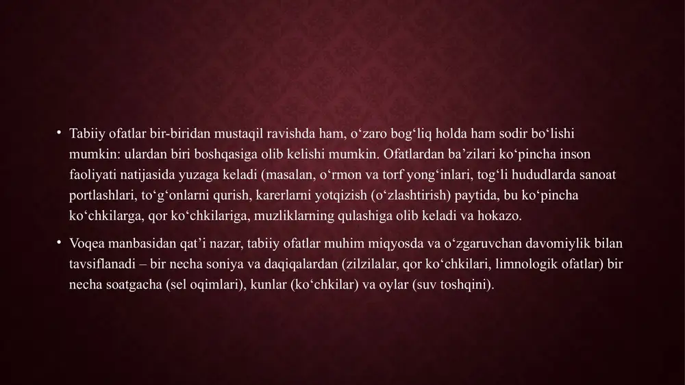 yer osti yongʻinlari; torf va oʻrmon yongʻinlari; binolar va inshootlardagi yongʻinlar. 2010-yil iyul oyining oxiri, avgusti va sentyabr oyining boshlarida rossiyada, butun markaziy federal okrugi hududida, keyin esa rossiyaning boshqa hududlarida gʻayritabiiy issiqlik va yogʻingarchilikning yetishmasligi tufayli yongʻin holati yuzaga kelgan[4] . 2010-yil 7-avgust holatiga koʻra, 53 kishi halok boʻlgan, 1200 dan ortiq uy vayron boʻlgan. yongʻinlar maydoni 500 ming gektardan ortiqni tashkil etgan. 1972-yil yozida sssrdagi oʻrmon va torf yongʻinlari mamlakatning markaziy qismidagi 1,8 million gektar maydonda oʻndan ortiq hududlarni qamrab oldi. quruq yoz 40 mingdan ortiq oʻrmon yongʻinlari sodir boʻlishiga hissa qoʻshdi[5]. yongʻinlarni oʻchirishda 360 mingga yaqin odam qatnashdi. yong’in xavfsizligi asoslari 1. yong'inning asosiy sabablari: • elektr jihozlarining nosozligi. • yoqilg'i va yonuhi materiallarni noto'g'ri saqlash. • atrof-muhitning quruq sharoiti (tabiiy yong'inlar). 2. profilaktika choralari: • elektr simlarini muntazam tekshirish. • yong'inga qarshi tizimlarni o'rnatish. • yong'in xavfi yuqori hududlarda chekishni taqiqlash. 3. favqulodda vaziyatda harakatlar: • …