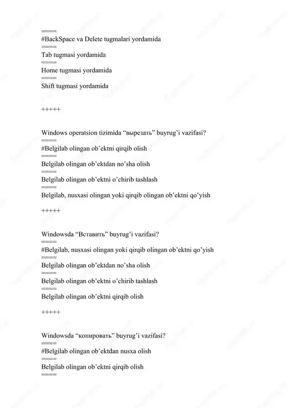 rga axborot yozish ==== magnit disklariga axborot yozish +++++ microsoft access bu... ==== #ma’lumotlar bazasi ==== grafik muharriri ==== jadval protsessori ==== matnlar protsessori +++++ axborotlarning o‘lchov birligi qaysi javobda to‘g‘ri ko‘rsatilgan? ==== #bayt, bit ==== sahifa, bosma taboq ==== bosma taboq, bit ==== sahifa, bayt +++++ axborot texnologiyalari nima? ==== #ma'lumotlarni yig'ish, saqlash, qayta ishlash va tarqatish jarayonlari ==== kompyuterlar va tarmoqlarni boshqarishning ilmiy sohalari ==== dasturiy ta'minot ishlab chiqishning barcha jarayoni ==== elektron pochta va xabar almashish usullari +++++ axborot texnologiyalari ta’minoti? ==== #apparat va dasturiy ta’minot ==== amaliy va tizimli ==== yordamchi va tizimli ==== amaliy va yordamchi +++++ dasturiy ta’minot turlari? ==== #amaliy, tizimli, yordamchi ==== amaliy va tizimli ==== yordamchi va tizimli ==== amaliy va yordamchi +++++ ma'lumotlarni yig'ish, saqlash, qayta ishlash va tarqatish jarayonlari nima deyiladi? ==== # axborot texnologiyalari ==== klaviatura ==== kompyuter ==== amaliy va yordamchi +++++ ms word dasturida vaqtni chiqarish …