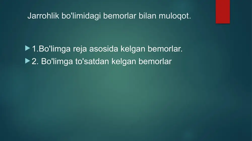 im bo‘shlig‘iga. 4. subaraxnoidal bo‘shliqqa. teri ichi in'ektsiyasi teri ichi in'ektsiyasi diagnostika maqsadida (byurne allergik sinamasi, mantu, kasoni va boshqalar) va mahalliy og‘riqsizlantirish (qavatma-qavat). diagnostika maqsadida 0,1 - 1,0 ml modda yuboriladi, bu bilak terisi yuzasiga qo‘yiladi. me‘dani zondlash 1, zondni sterilizastiyadan utkazadi 2. bemorga muolajaning maksadi, uning xavfsizligi tushuntiriladi 6 3. bemor stulga, uning suyanchigiga maxkam suyanib utiradi 6 4. oyoklari ostiga togora yoki chelak kuyiladi 6 5. talaba bemorning ung tomoniga utadi 6 6. bemor kukragi kleyonka yoki fartuk bilan bekitiladi 6 7. zondni yuborishga kadar xar bir bemorda kindikdan to kurak tishlarigacha bulgan masofa ulchab belgilanadi, zond yutkiziladi 6 8. bemor ogzini katta ochib «a» deb tovush chikaradi va burun orkali chukur nafas oladi 6 9. talaba chakkonlik bilan zondni til ildizi orkasiga kiritadi 6 10. bemor ogzini yumadi va bir necha yutish xarakatlari kiladi 6 11. zondning bush uchiga 20 gr shprist kiygiziladi 6 12. me‘da …