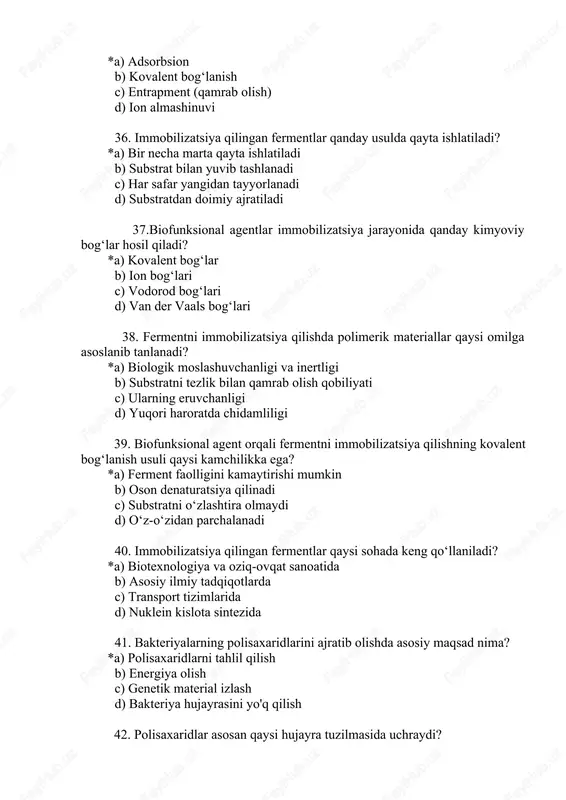 n hujayralarida mavjud c) dnk bilan birikuvchi xususiyat d) hujayra ichidagi energiya saqlash rolini bajaradi 48. biogazning asosiy tarkibiy qismini nima tashkil qiladi? *a) metan b) kislorod c) azot d) vodorod 49.biogaz olish jarayonida ishlatiladigan xom ashyo qaysi turdagi materiallardan iborat? *a) organik chiqindilar b) plastmassa chiqindilari c) metall chiqindilar d) kimyoviy moddalar 50. biogaz ishlab chiqarish jarayonida qaysi mikrorganizmlar ishtirok etadi? *a)anaerob bakteriyalar b) aerob bakteriyalar c) viruslar d) zamburug‘lar 51. biogaz ishlab chiqarish jarayonining qaysi bosqichida organik moddalar oddiy molekulalarga parchalanadi? *a) gidroliz bosqichi b) metanogenez bosqichi c) karbonizatsiya bosqichi d) termal oksidlanish bosqichi 52. biogaz ishlab chiqarishda harorat qaysi darajada bo‘lishi kerak? *a) 20–40°c b) 0–10°c c) 50–70°c d) 80–100°c 53. biogaz ishlab chiqarish jarayonida hosil bo‘ladigan yon mahsulot nima? *a) biogumus b) karbonat kislota c) suv d) vodorod peroksid 54. biogaz olish uchun ishlatiladigan materiallar qanday xususiyatlarga ega bo‘lishi kerak? *a) yengil parchalanadigan va yuqori organik …