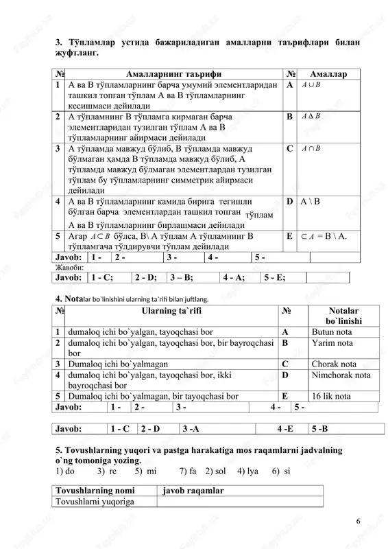 ; 9) virusli gepatit. kasallik turi javob raqamlar me'da-ichaklarning yallig‘lanish kasalliklari me'da-ichaklarning yuqumli kasalliklari javobi: kasallik turi javob raqamlar me'da-ichaklarning yallig‘lanish kasalliklari 1, 4, 7 me'da-ichaklarning yuqumli kasalliklari 2, 3, 5, 6, 8, 9 3. to'plam va mulohazalar ustida bajariladigan amallarni mos raqamlarini jadvalning o'ng tomoniga yozing. 1) birlashma 3) konyunktsiya 5) to'ldiruvchi 7) inkor 9) kesishma 2) diz'yunktsiya 4) simmetrik ayirma 6) implikatsiya 8) ekvivalentsiya 10) ayirma matematik tushunchalar javob raqamlari mulohazalar to'plamlar javobi: matematik tushunchalar javob raqamlari mulohazalar 2, 3, 6, 7,8 to'plamlar 1, 4, 5, 9, 10. 4. quyida berilagan fikrlarning qaysilari to`g`ri? a. butun nota dumaloq ichi bo`yalgan holda yoziladi. b. sol notasi nota chizig`ining ikkinchi chizig`ida joylashgan c. pauza – dam olish belgisi. d. repriza ikkiga sanaladi. e. forte – dinamik belgi f. ikkita bir xil tovush oralig`i oktava deyiladi. g. oltita nota chizig`i bor. javob: a b c d e f g javob: a …